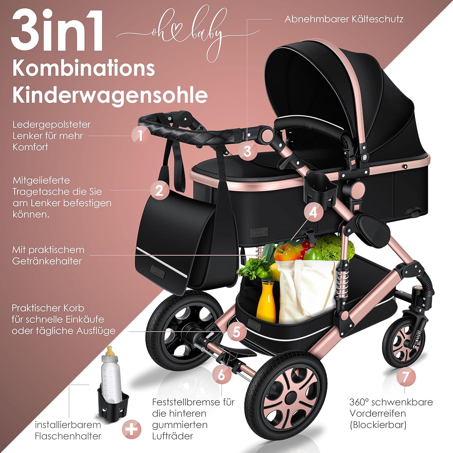 KESSER® Loops 3 in 1 Kinderwagen Kombikinderwagen Komplett-Set inkl. Babywanne & Buggy Sportsitz & Auto-Babyschale Voll-Gummireifen Wickeltasche Regenschutz Kindertisch ECE R129, Schwarz/Champagne