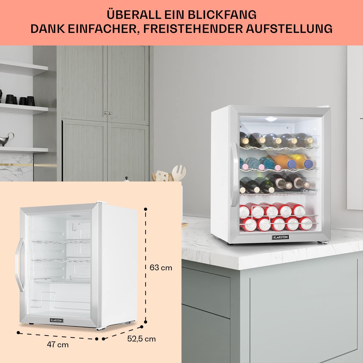 Klarstein Mini Kühlschrank mit Glastür, Mini, für Zimmer, Getränkekühlschrank Klein mit Verstellbaren Ablagen, mit Wellenform-Racks, 60 Liter Kühlschrank Leise