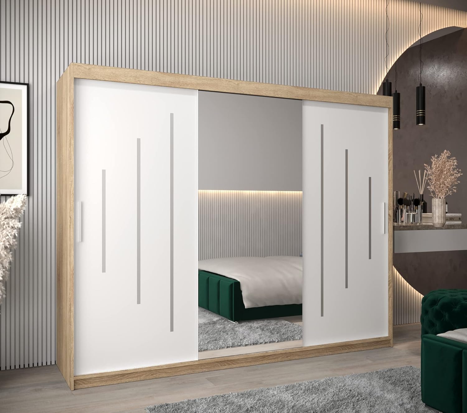 ABIKSMEBLE York 1 250 Armario 2 Puertas Correderas para Dormitorio - Armario Moderno con Espejo, Barra y Estantes - 250x200x62 cm (Ancho x Alto x Fondo) - Sonoma + Blanco Mate