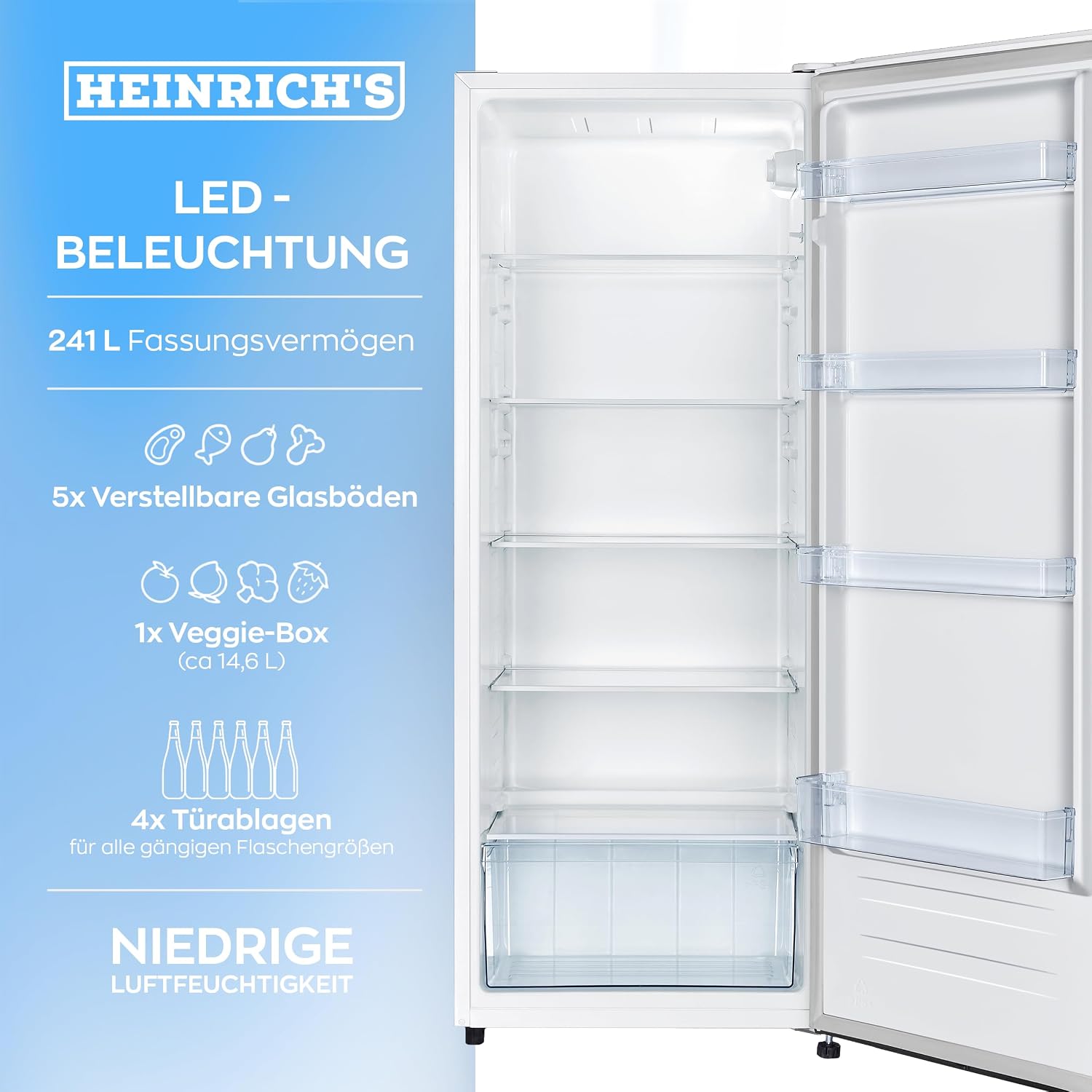 Heinrich´s freistehender Kühlschrank 242L, kühlschrank ohne gefrierfach, XXL, Vollraumkühlschrank, LED-Beleuchtung, Standkühlschrank mit 5Glasablagen, Türanschlag wechselbar, leise 40dB, (weiß)