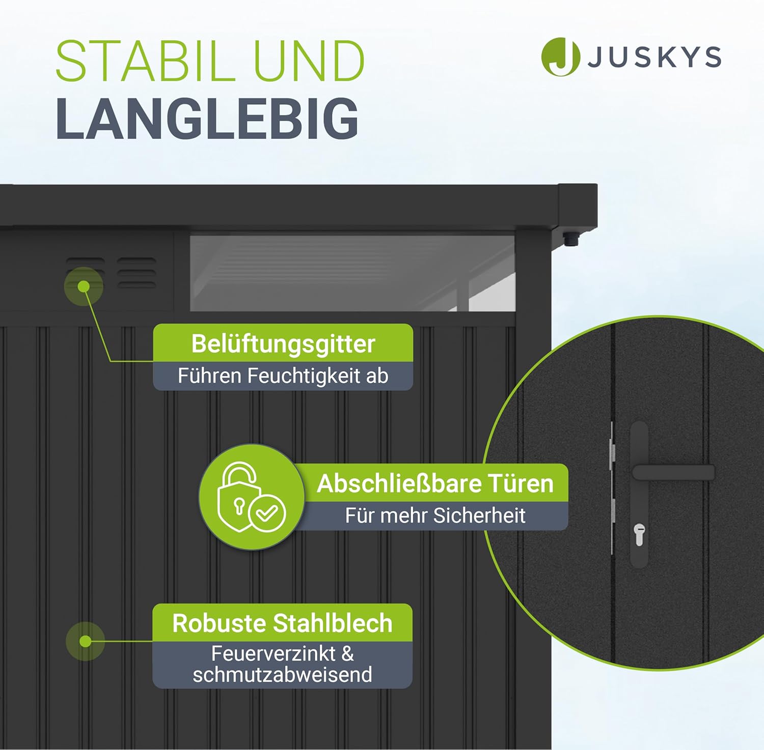 Juskys Gerätehaus Luzern Pro 8,6 m² - Metall Geräteschuppen mit Türen & Fenstern - wetterfest & abschließbar - Fahrradgarage, Gartenhaus - Anthrazit