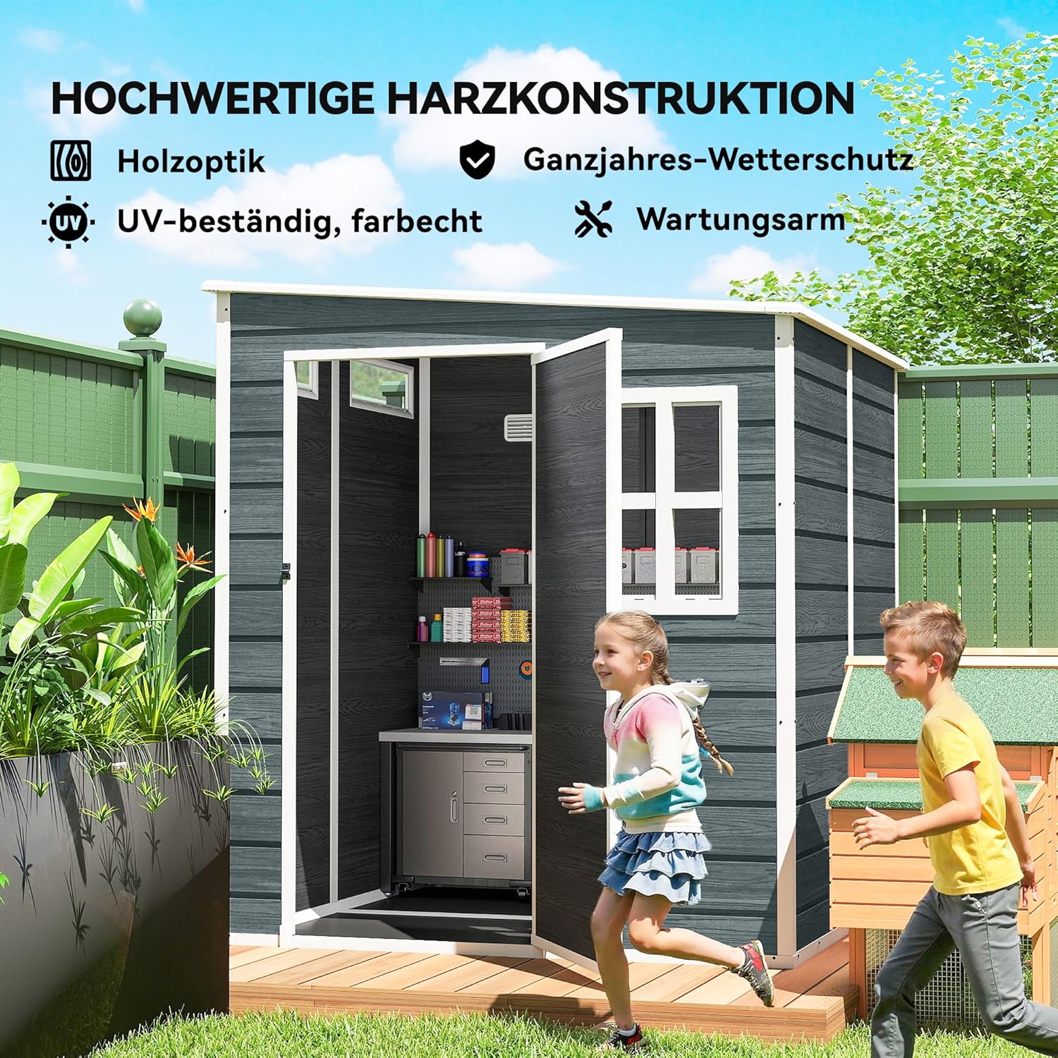 Outsunny Gerätehaus 2,89 m² Geräteschuppen mit Holzoptik 3 Fenster 182 x 182 x 196 cm Kunststoff Gartenschuppen mit Belüftung Boden Schloss Handschuhe, Gartenhaus für Werkzeuge Fahrrad Grau