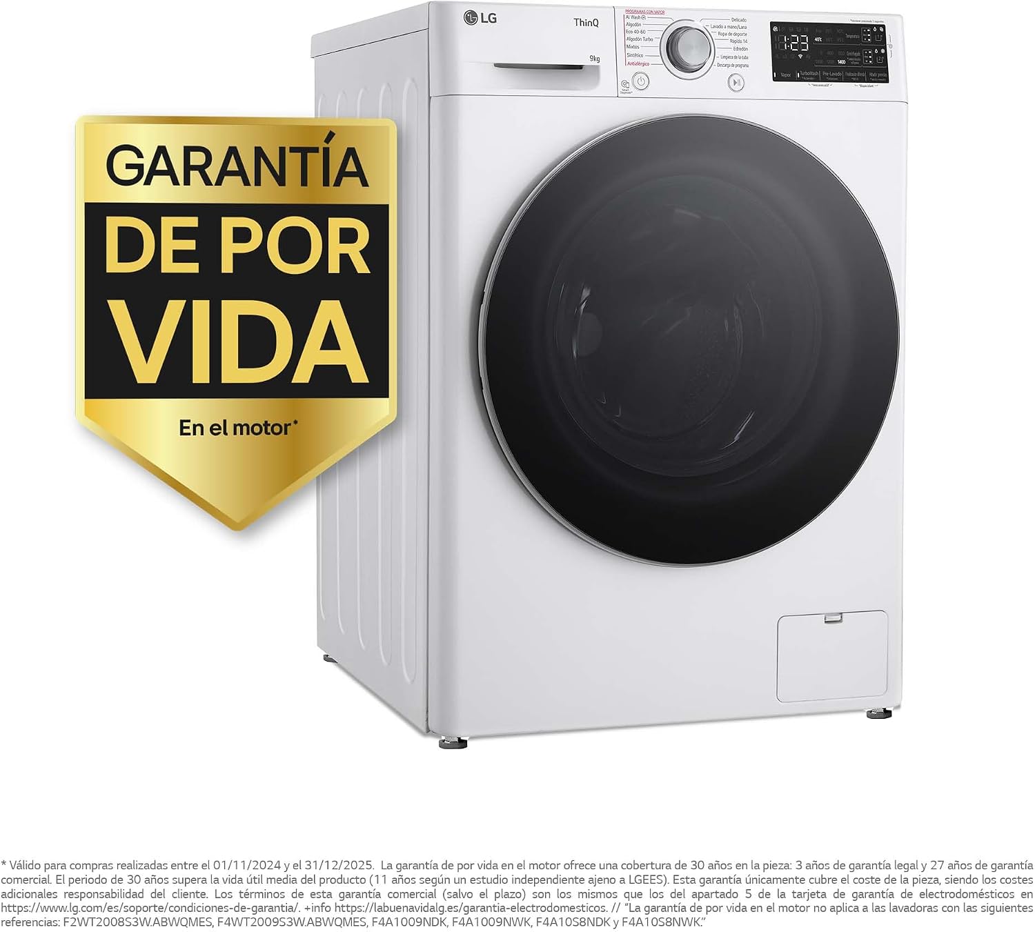 LG F4WR5509A1W - Lavadora Inteligente, 9Kg, 1400rpm, Carga Frontal, AI Direct Drive, TurboWash 360º, Autodosificador, Clasificación A, Serie 500, Blanco