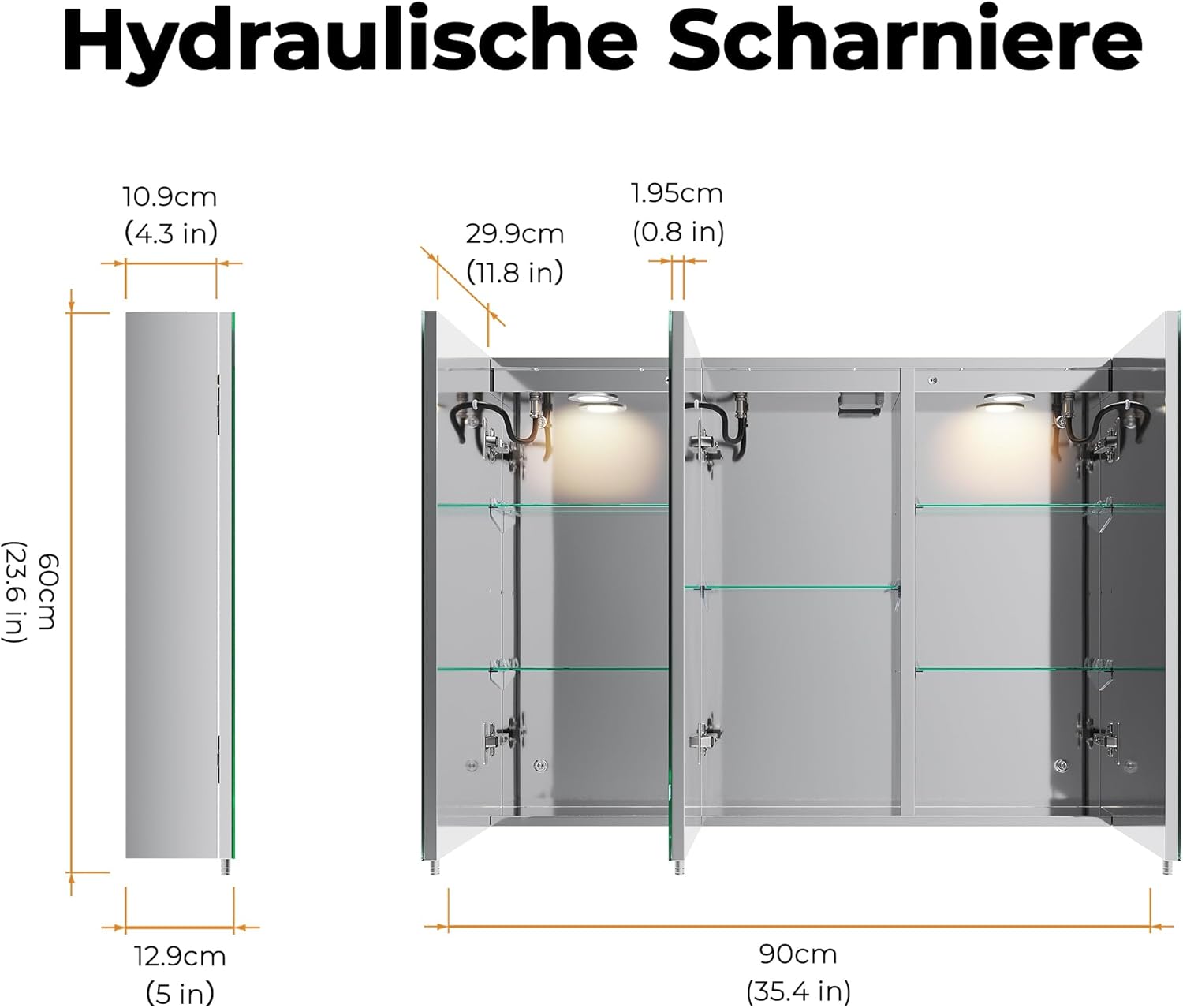 SVNR 90x65 cm Spiegelschrank Mit LED-Beleuchtung Fürs Badezimmer, 3-Türiger Badspiegelschrank Beleuchtung Mit Bluetooth, Touch-Schalter, Antibeschlag & Steckdose (Silber)