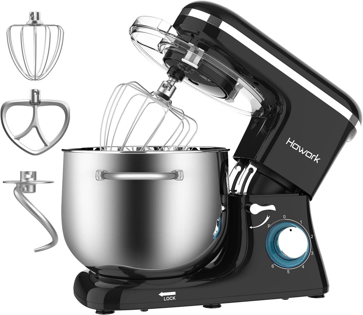 Howork Küchenmaschine Knetmaschine, 1500W leistungsstark 8L Tilt-Head Gerusche Knetmaschine, 6-stufige Geschwindigkeit Teigmaschine mit Rührbesen, Knethaken, Spritzschutz, Schlger (8L, schwarz)…