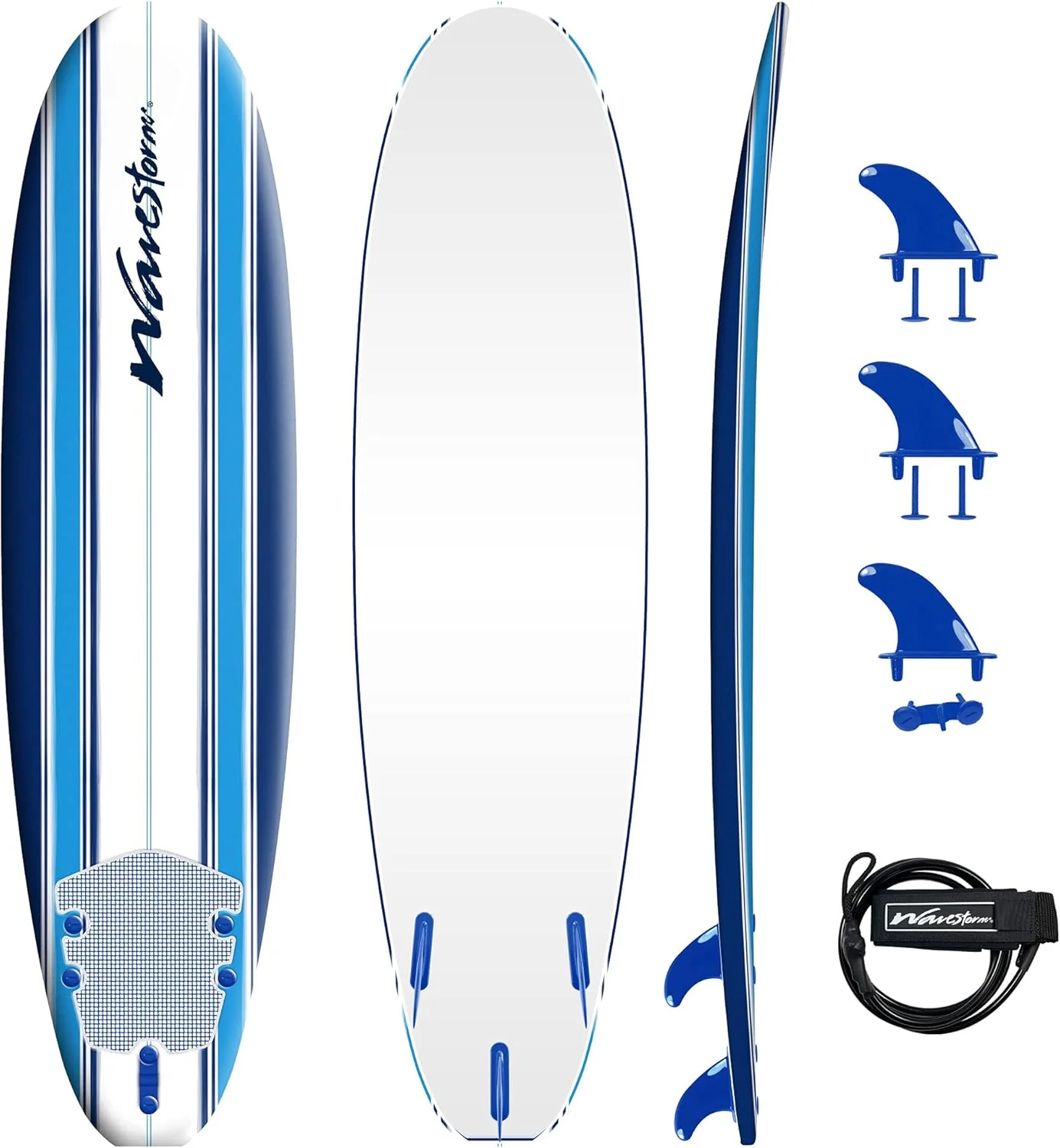 Wavestorm - Classic Soft Top Foam 7ft Surfboard Surfboard for Beginners and All Surfing Levels Complete Set Includes Leash and Multiple Fins Heat Laminated. Blue Pinline (AZ22-WSSF700-PIN)