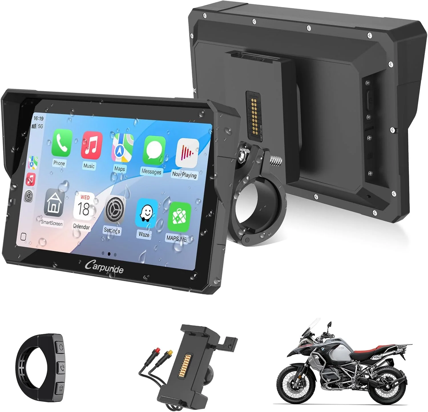CARPURIDE W702S Pro Motocicleta CarPlay Pantalla con BM05 Soporte para Conectar y Usar, Inalámbrico CarPlay y Android Auto, 7