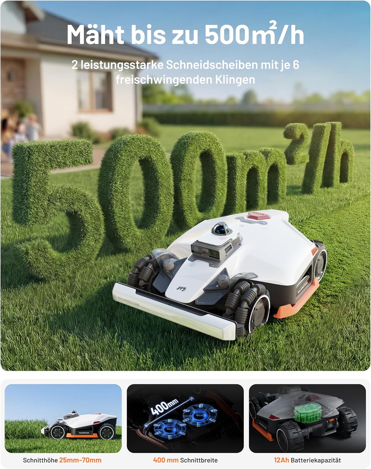 MAMMOTION LUBA 3 AWD 3000 Mähroboter ohne Begrenzungskabel für 3000m2, 360° LiDAR+NetRTK+KI Vision Tri-Fusion-Positionierung, AWD für 80% Steigungen, Keine RTK-Basisstation, bis zu 30 Zonen, 12Ah Akku