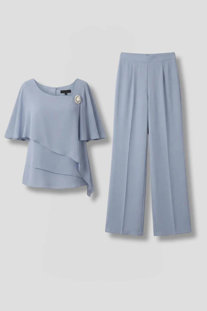 Damen Zweiteiler Set mit Lagenlook Oberteil und Hose mit geradem Bein | Modernes Set mit Rundhalsausschnitt und Schlupfhose