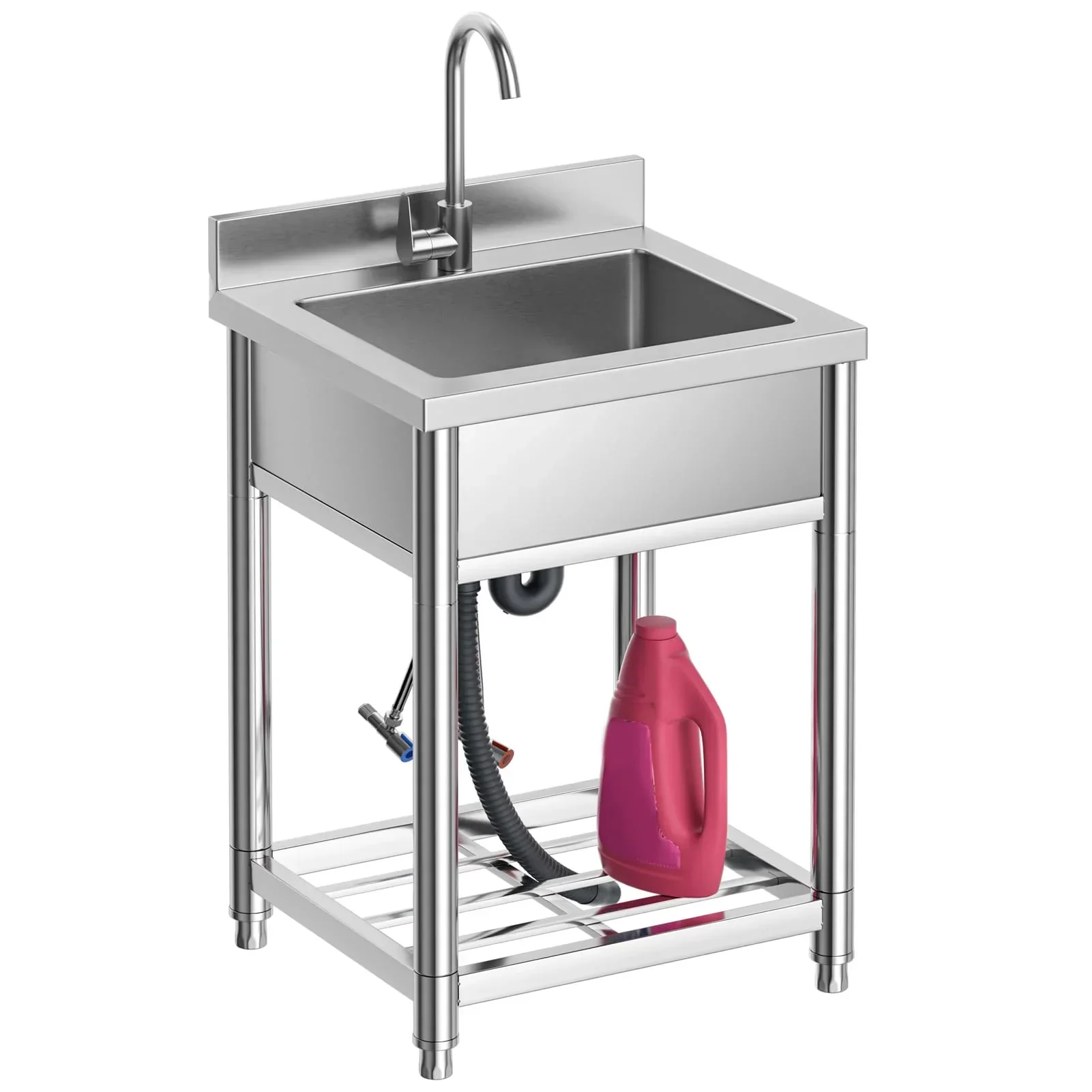 Stainless Steel Utility Sink Free Standing Single Bowl Kitchen Sink Cold Hot Water Faucet