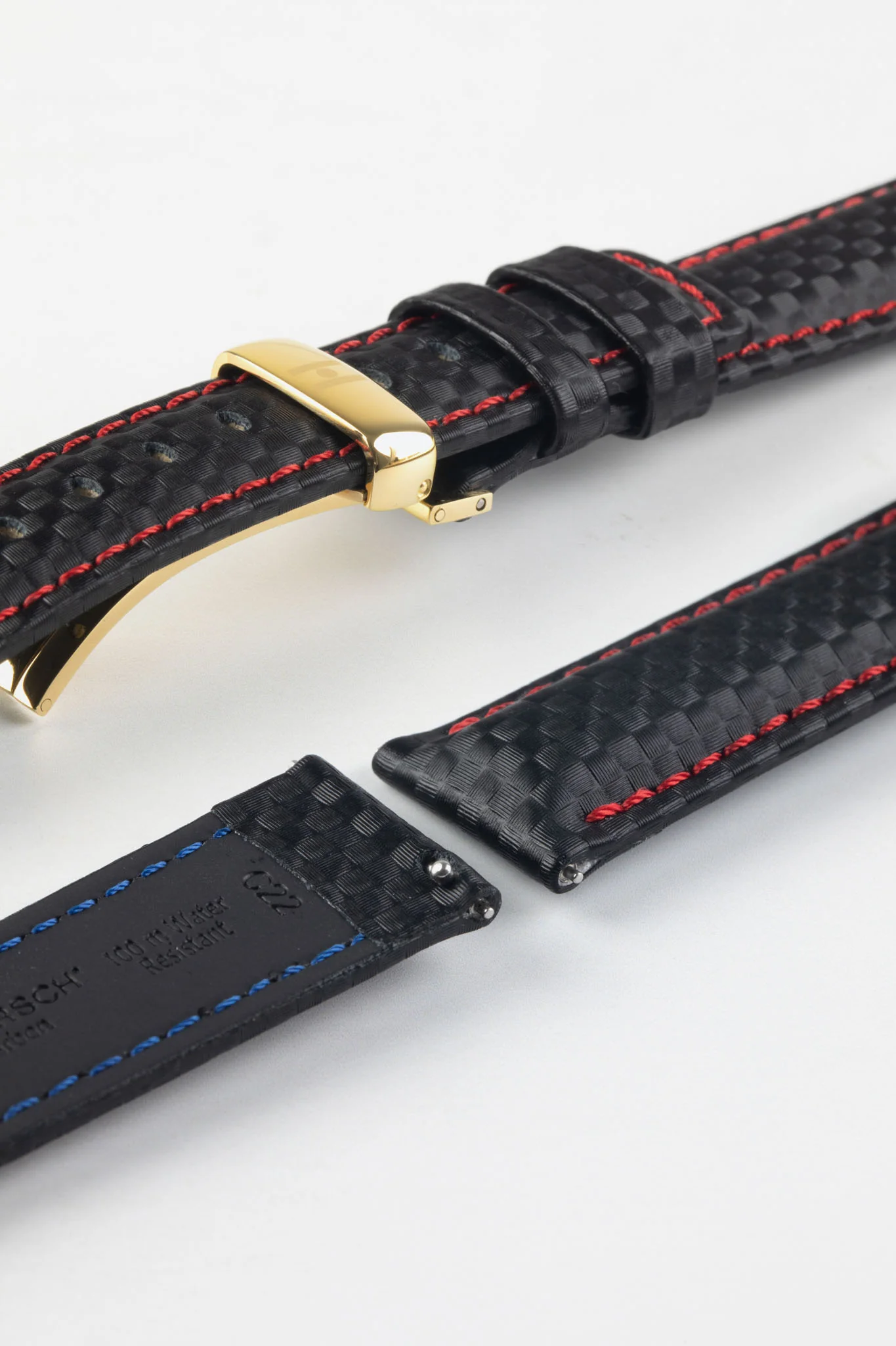 Hirsch CARBON Decorated Waterproof Leather Watch Strap in BLACK / RED