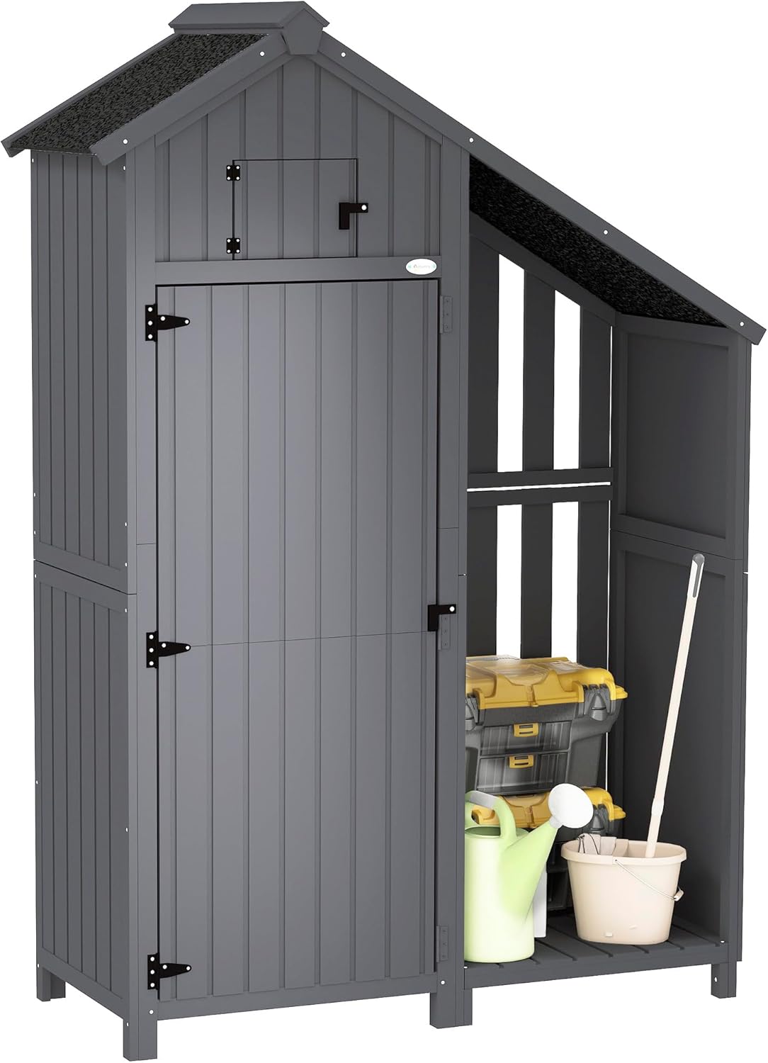 Outsunny Gartenschrank Holz Geräteschrank Gartenhaus mit Giebeldach Holzhütte Geräteschuppen 129 x 51,5 x 180 cm Grau+Schwarz