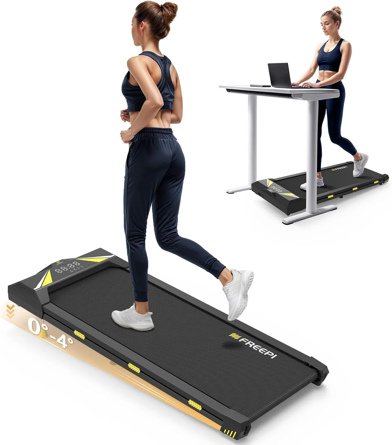 Freepi 4-in-1 Loopband voor Thuis met Helling 1-6 km/u 2.5 pk Motor met Afstandsbediening, Loopband Pad Bureaufiets Draagbaar Thuisfitnessapparaat