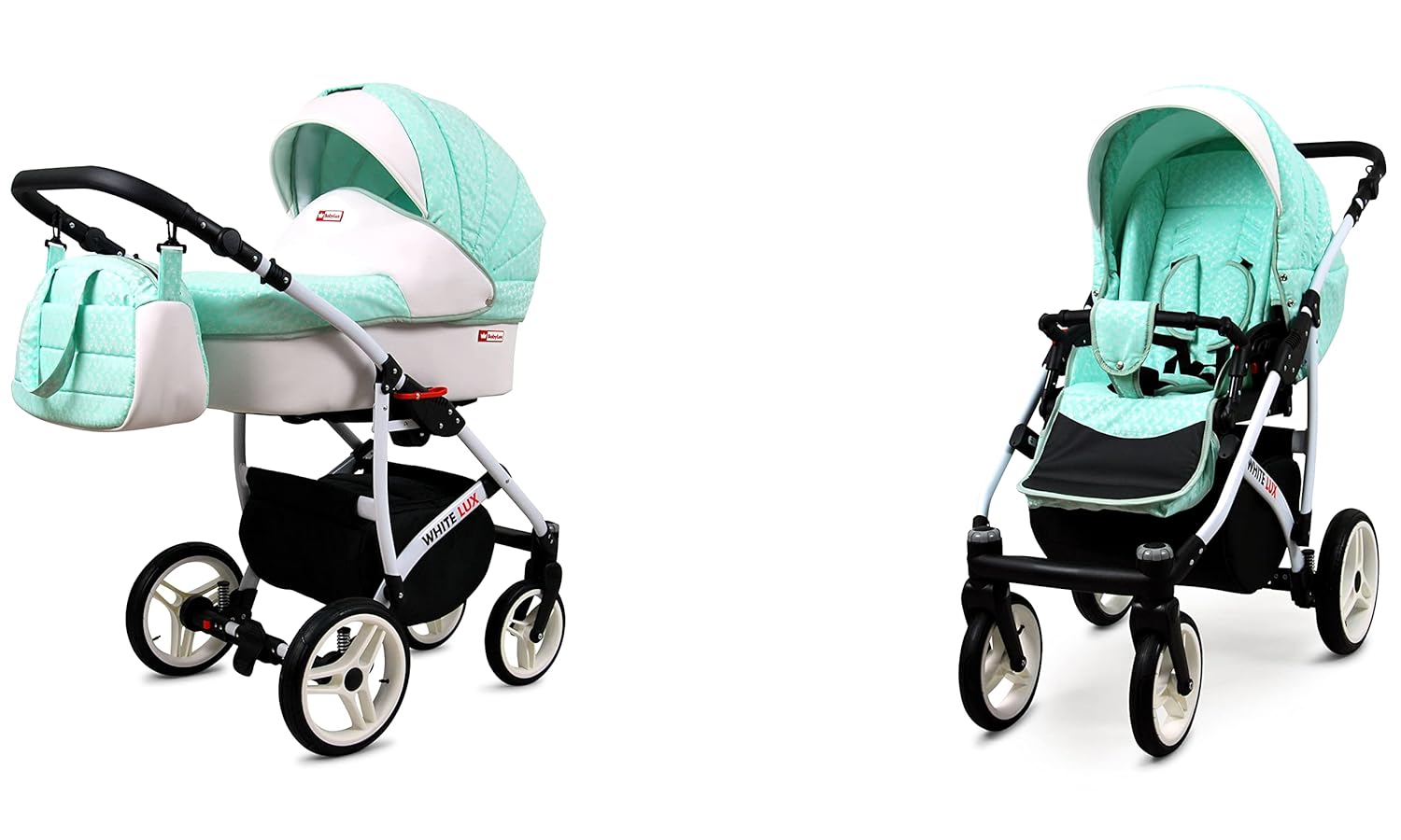 BabyLux® Bambimo Kinderwagen Set 3 in 1 - White Lux - incl. Babywanne, Buggy Sportsitz, Auto-Babyschale - Autositz - Kinderwagenset - Kombikinderwagen mit Wickeltasche, Regenschutz usw.
