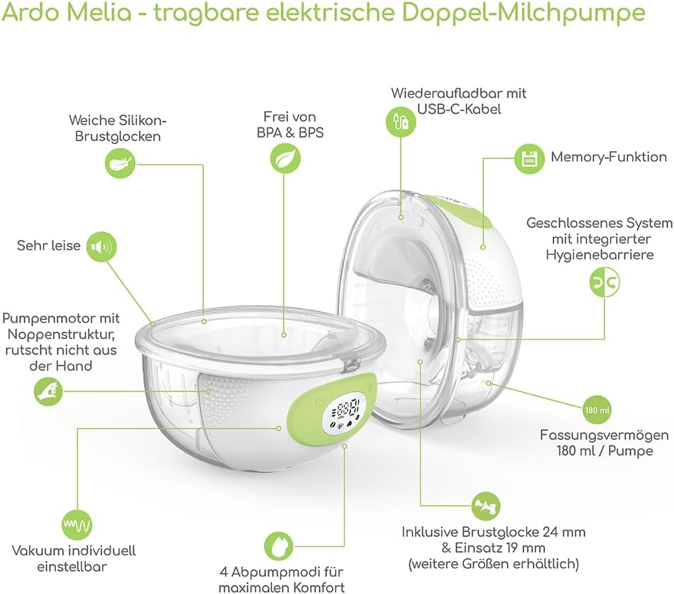 Ardo Melia Milchpumpe - elektrisch, freihändig, unkompliziert – leistungsstark, diskret & sicher – 4 Modi & 15 Vakuum-Level