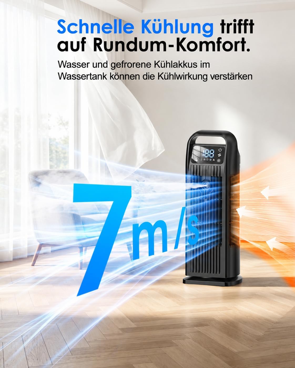 Mobile Klimaanlage ohne Abluftschlauch 6-in-1, Luftkühler mit Wasserkühlung, Mini Klimaanlage Mobil, Klimagerät, 120° Oszillation, 1200ML Tank, 1-12H Timer, Fernbedienung, Mitternachtsschwarz