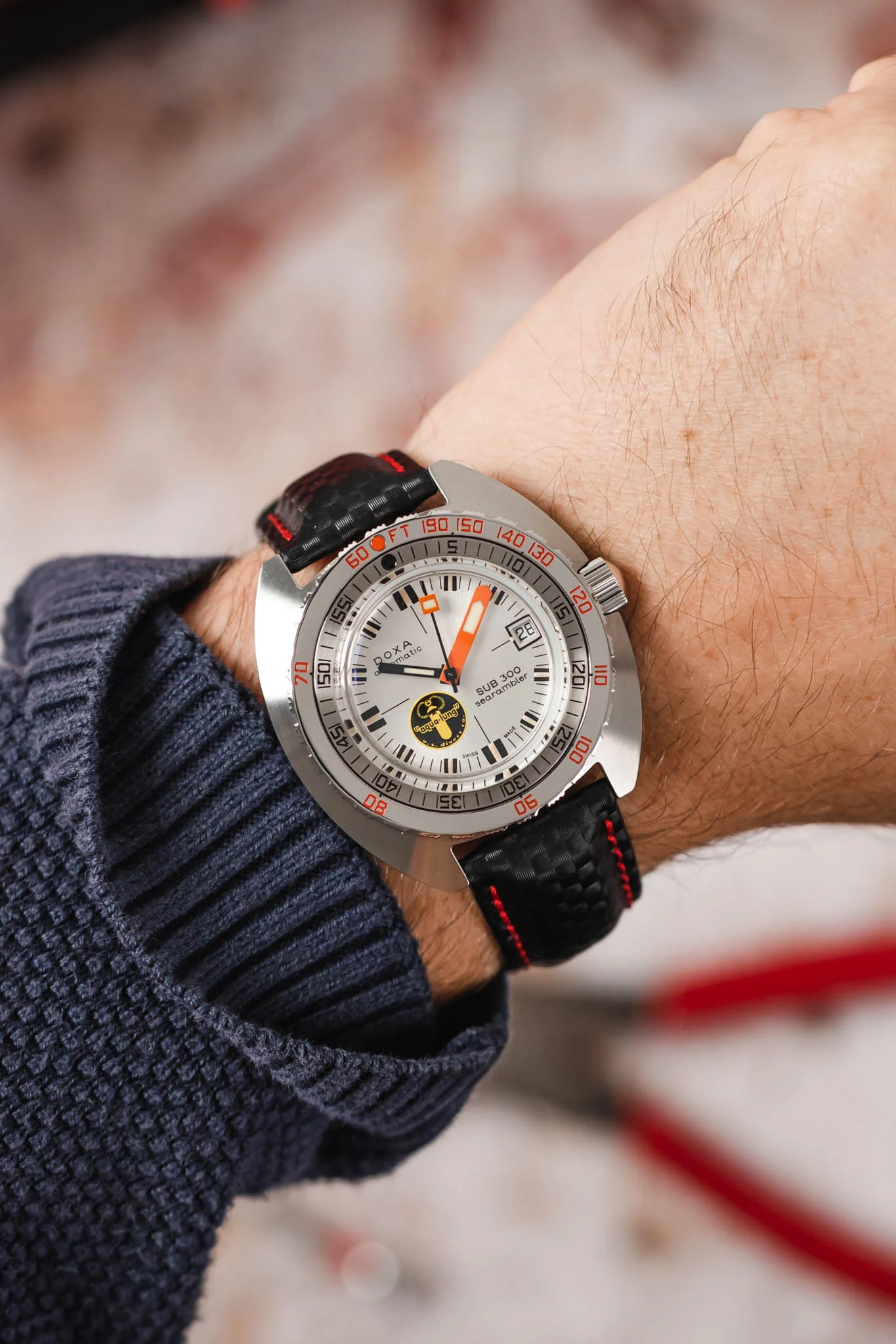 Hirsch CARBON Decorated Waterproof Leather Watch Strap in BLACK / RED
