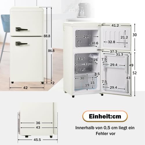 Merax Retro Kühlschrank mit Gefrierfach – 60L Mini Kühlschrank, 22L Gefrierfach, 38L Kühlfach, 7 Temperaturstufen, Energieeffizienzklasse E, Cremeweiß, 102 kWh/Jahr