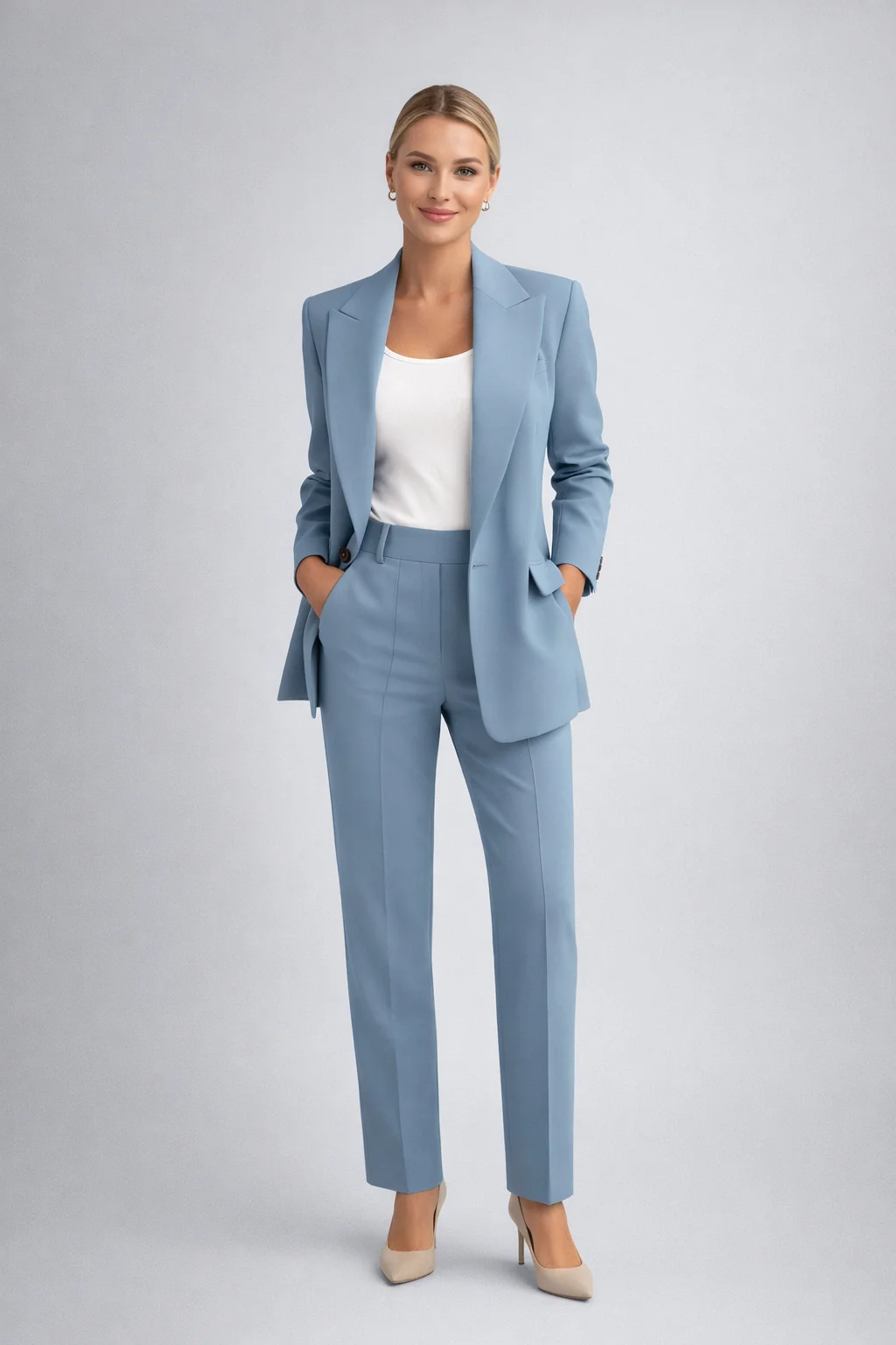 Damen Blazer Set mit Hose | Eleganter Hosenanzug f��r B��ro und Freizeit | Zweiteiler mit schmalem Revers und Knopfdetails