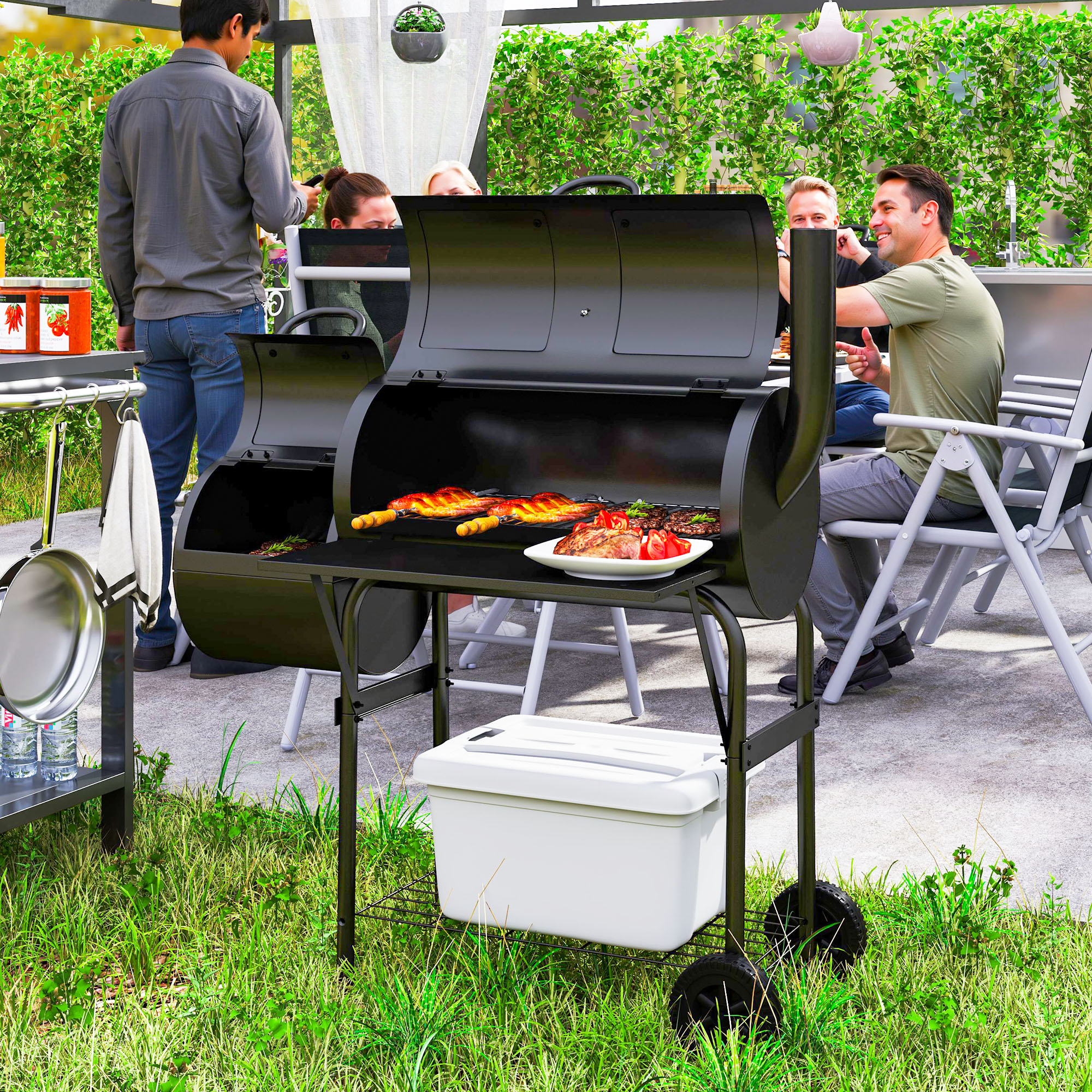 Stalen Houtskoolgrill BBQ Smoker met Deksel, Thermometer, Wielen, Luchttoevoer, Kolenbak