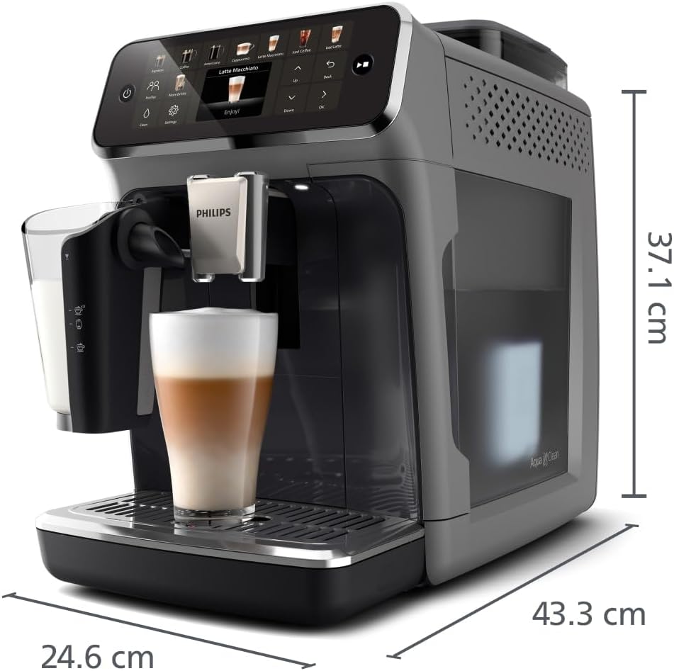 Philips Serie 5500 Kaffeevollautomat – LatteGo Milchsystem, 20 heiße und kalte Kaffeespezialitäten, 40% leiser mit SilentBrew, QuickStart, Grau (EP5544/50)