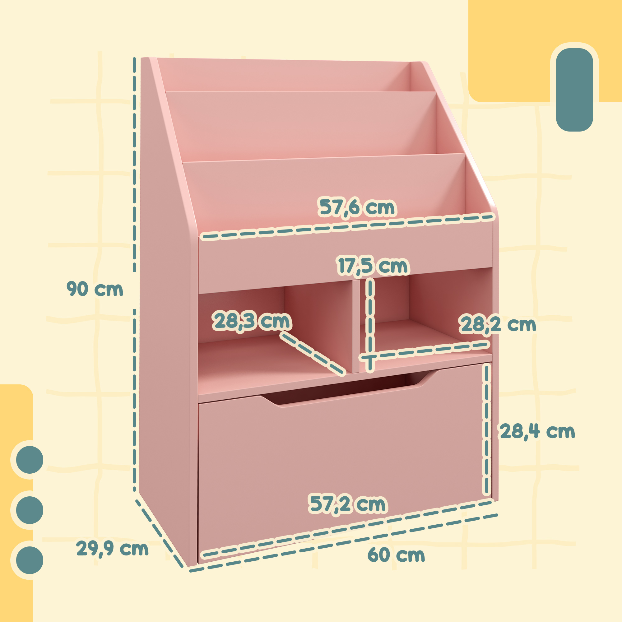 Kinderrek met Lade en Boekenrek met Vakken, 60 x 29,9 x 90 cm, Roze