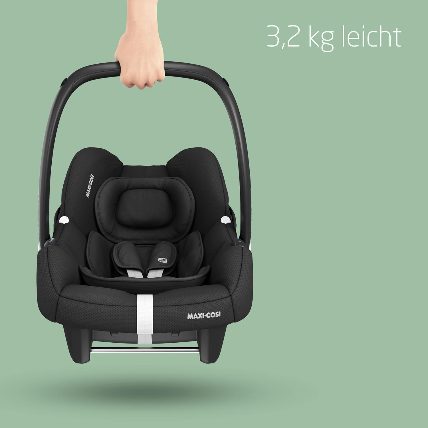 Maxi-Cosi CabrioFix i-Size, Babyschale, 0–12 Monate, max. 12 kg, leichter i-Size Kindersitz (3,2 kg), Sonnenverdeck, gepolsterter Sitz, für viele Maxi-Cosi Kinderwagen, Essential Green