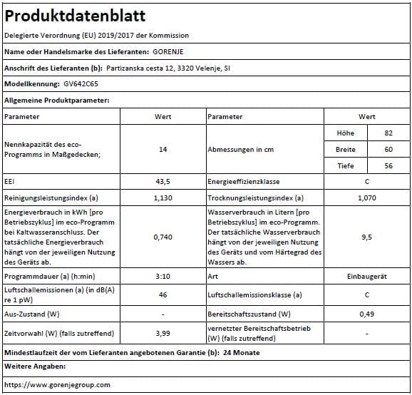 Gorenje GV663A66 Geschirrspüler/Einbaugerät FRONT NICHT ENTHALTEN/Made in EU/60 breite/16 Maßgedecke/8 Programme/TotalDry/Nachtprogramm/Status LED Licht/EEK: A-10%/Einbaumaße (HxBxT): 82 x 60 x 55,5cm
