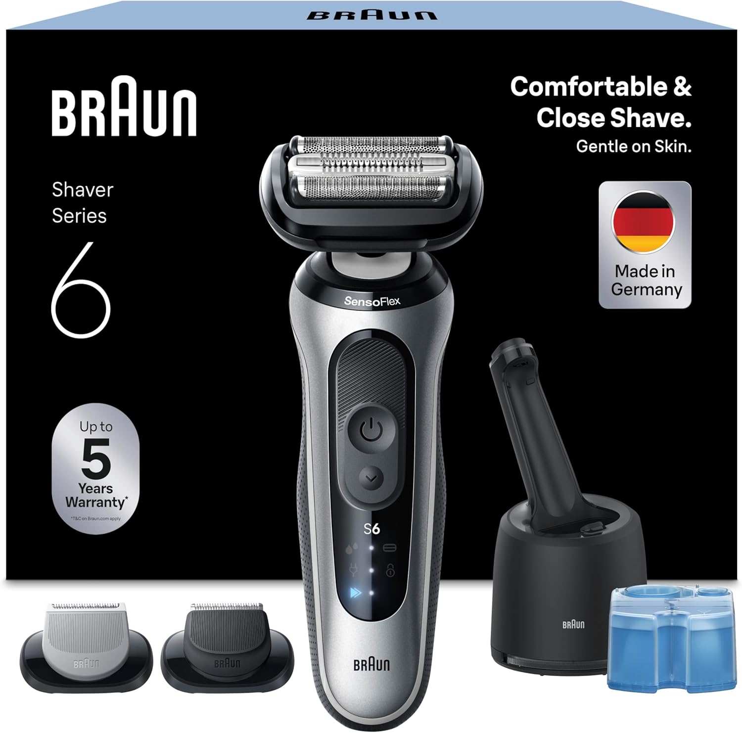 Braun Series 6 Elektrorasierer Herren, Rasierapparat mit 60 Min. Akku, 4in1 SmartCare Reinigungsstation, +2 Aufsätze, Kabelloser Nass- und Trockenrasierer für Männer, Wasserdicht, 62-S7650cc, Silber