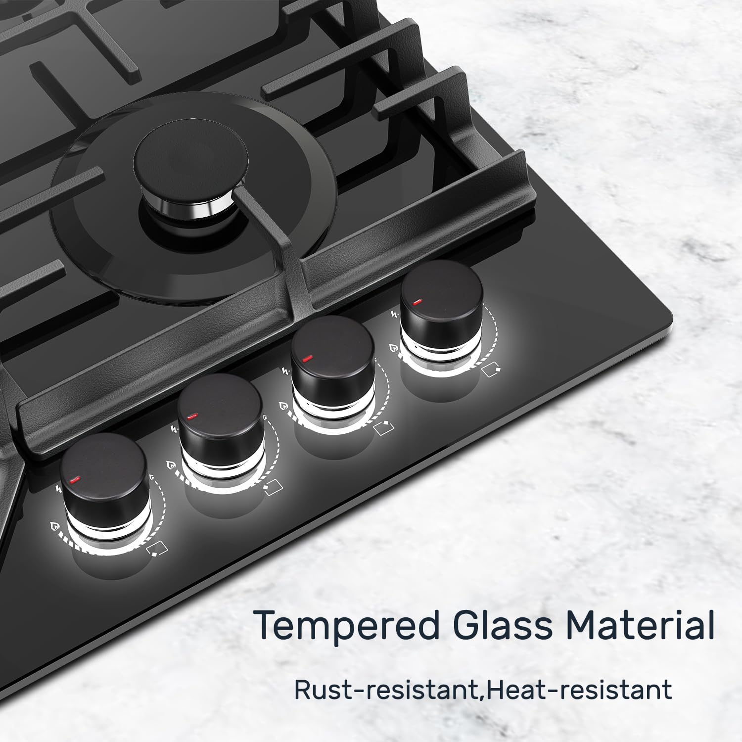 TOPWISH Gaskochfeld 4 flammig,Einbau Gaskochfeld,Gaskochfelder mit rote beleuchteter Drehknopf,ghärtetes Glas-Gaskochfeld,Glasherd,NG/LPG Konvertierbar,Automatischer Thermoelementschutz,60cm,8000 Watt