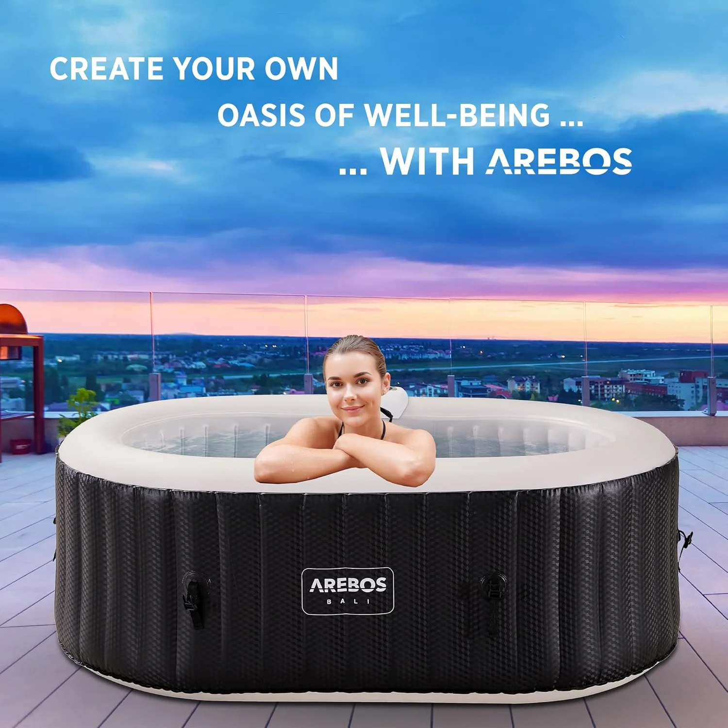 Arebos Bañera de hidromasaje con iluminación LED | SPA Hinchable | Interior y Exterior | 190x120 cm Ovalada | 2 Personas | 90 chorros de Masaje | con calefacción | 550 litros | Incl. Cubierta