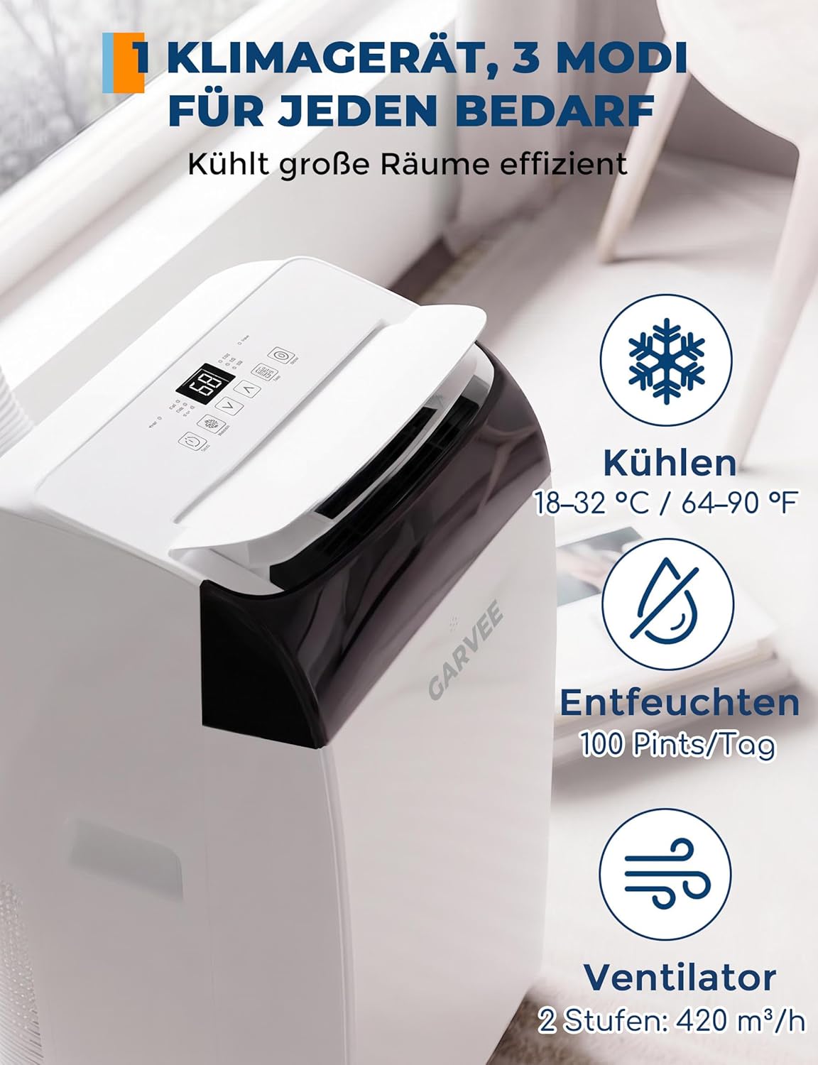 Garvee Mobile Klimaanlage 10000 BTU, 4-in-1 Klimagerät mit Kühlen & Entfeuchten & Ventilieren, Leiser Betrieb