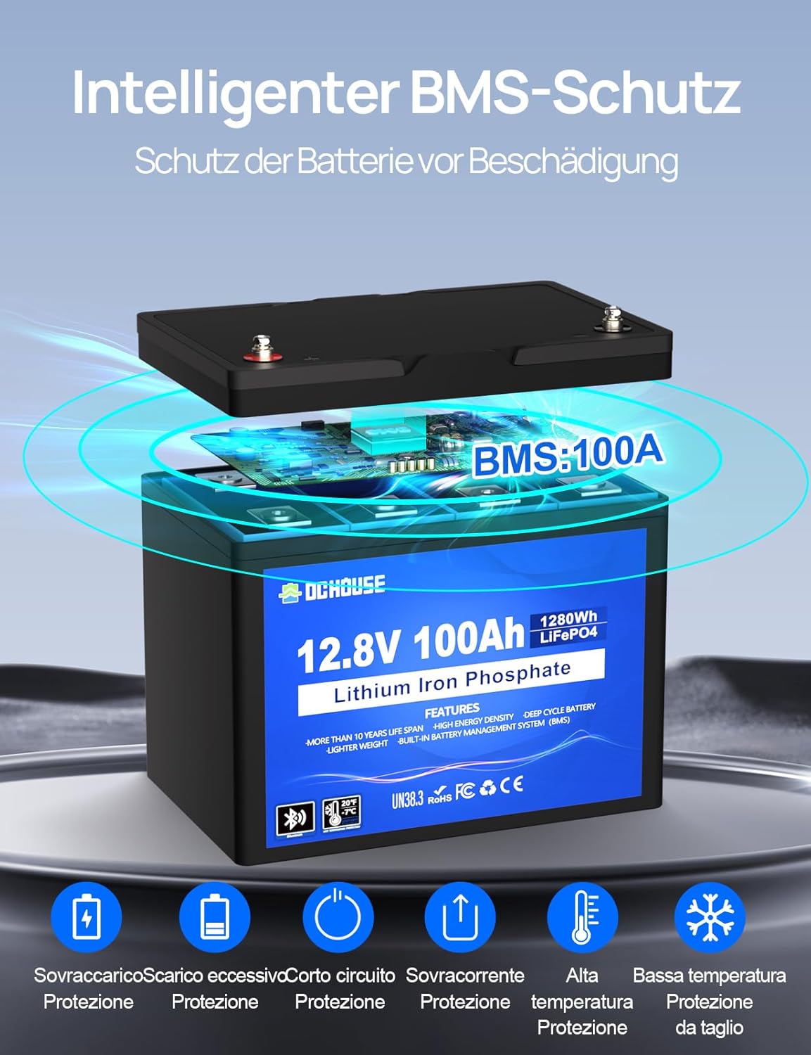 DCHOUSE 12V 100AH LiFePO4 Bluetooth Lithium Batterie,mit 10A Batterie Ladegeräte,100A BMS Niedertemperaturschutz,1280Wh Autobatterie für Trolling-Motor,Wohnmobil,Wohnwagen,Solaranlage