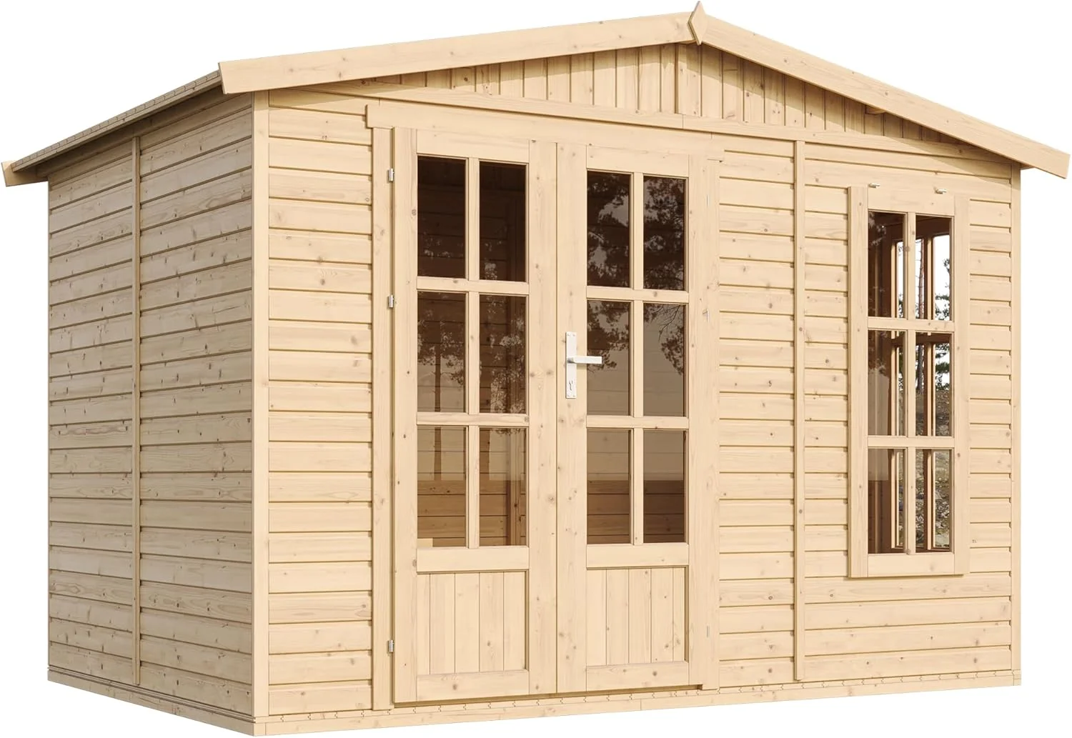 TIMBELA Caseta de jardín de Madera de 6 m2 - Cobertizo Jardin Exterior con Suelo, Ventana, Puerta Doble - Cabaña de jardín para Trabajar en casa - con Tejas bituminosas Verde M334FB+H334FBGREEN