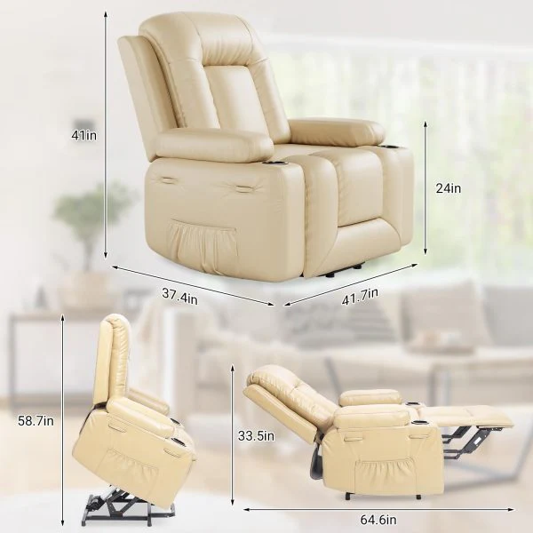 PU Leather Power Lift Recliner Chair With Massage and Heat, Adjustable Furniture for Back, Legs w/ 3 Positions, Usb Port, Side Pocket (Beige, 27 Seat Width+Cup Holders)