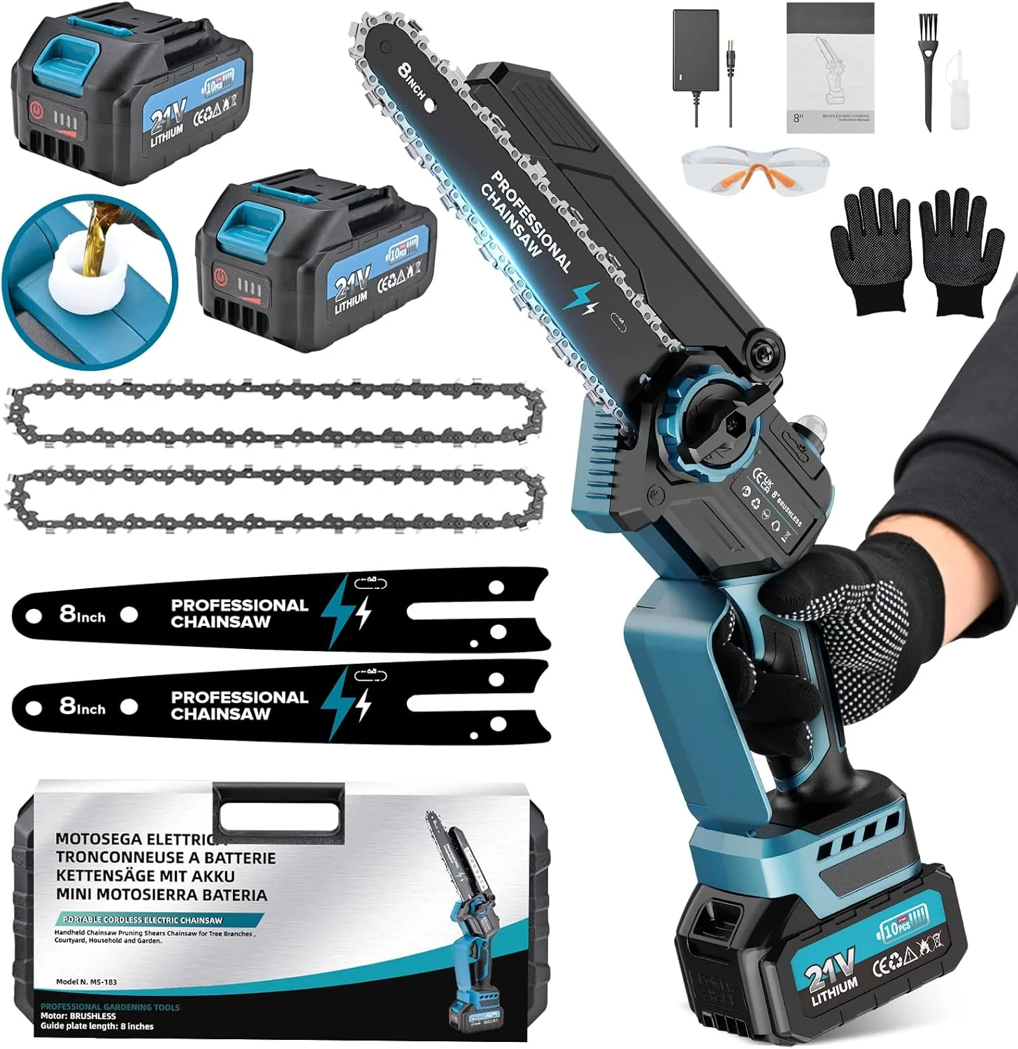 2-en-1 8 Pulgadas Mini Motosierra y Motosierra de Pértiga Inalámbrica con 2 Baterías de 4000mAh, Motosierra sin Escobillas con Telescópicas para Exterior, Extensible hasta 4M