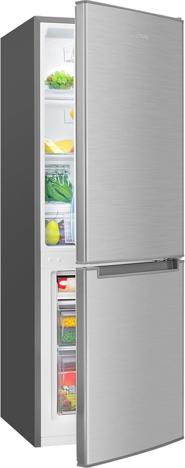 Bomann, Réfrigérateur et Congélateur 173L Inox KG7359 - Réfrigérateur 121L, Congélateur 52L, Éclairage LED, Contrôle Température, Alarme Ouverture, Économie Énergie, Dimensions 142,5x49,5x56 cm