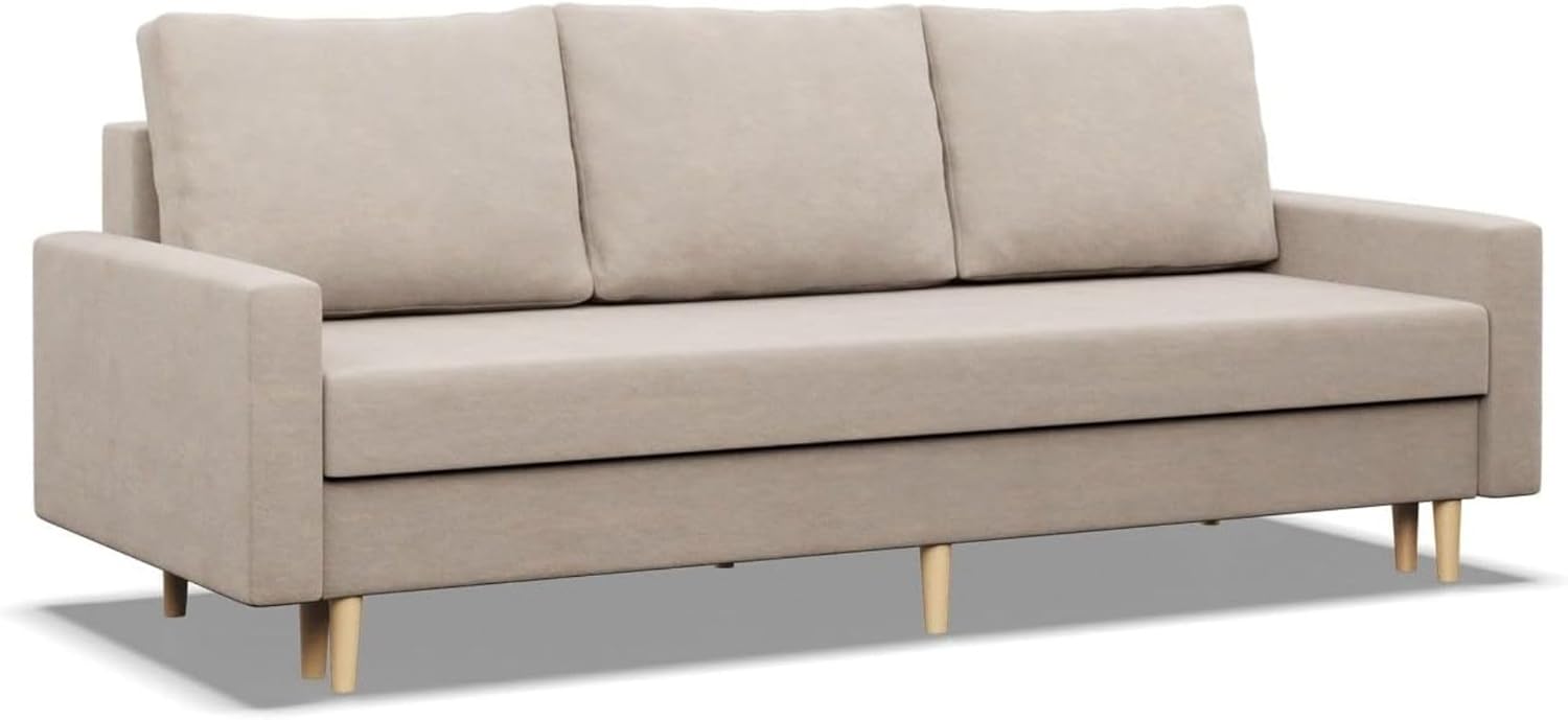 Mebligo - Sofa Mit Schlaffunktion Und Bettkasten Blank, 3 Sitzer 212 cm Breit, Schlafsofa Mit Bonellfederkern im Sitz, Ausziehbares Couch Auf Holzfüßen, Wohnzimmer - Beige