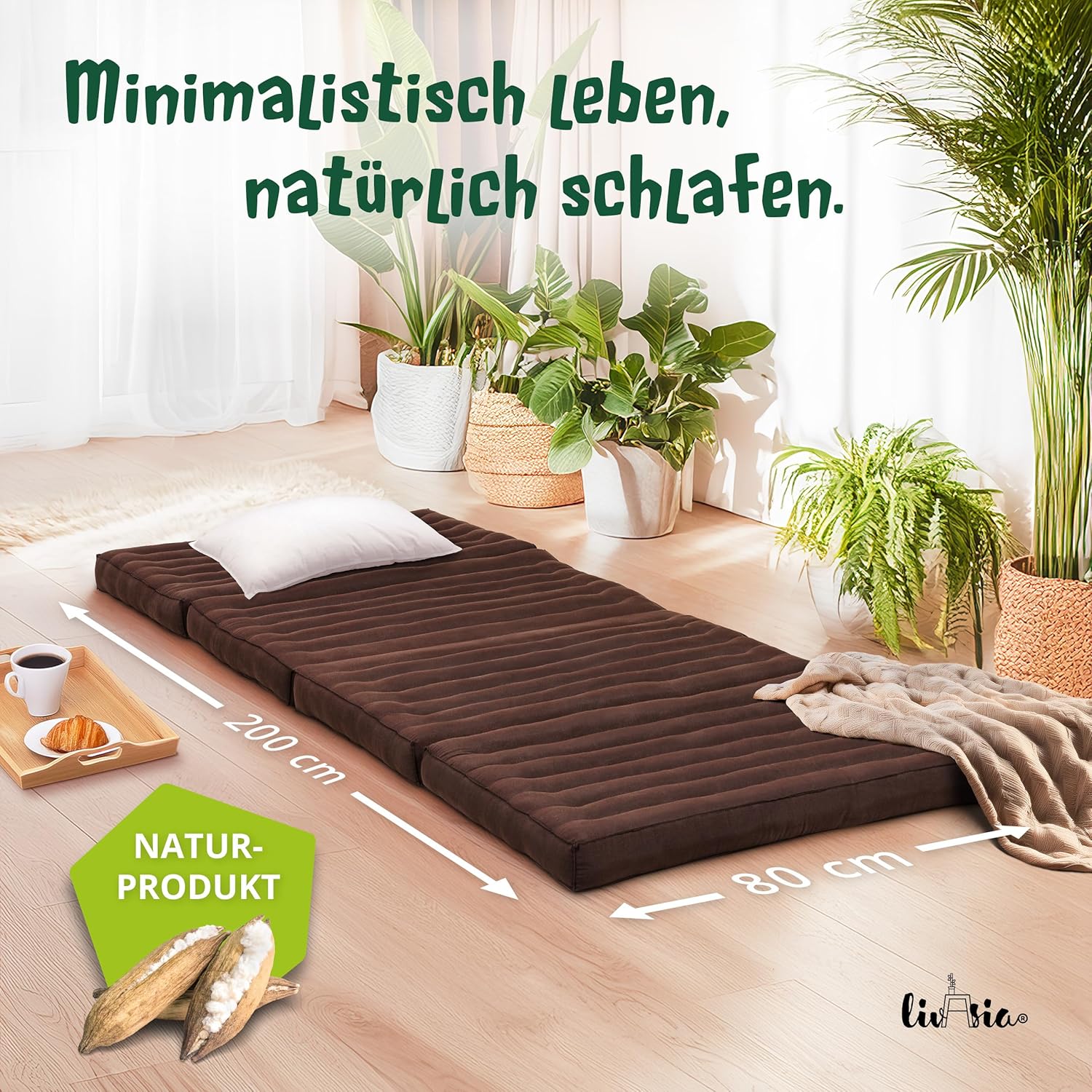 livasia Nachhaltige Klappmatratze aus Kapok - 200x80x8cm - Gästematratze, Faltbare Matratze einfarbig, ökologische Yogamatte, klappbares Gästebett, Liege Garten Balkon (Braun Uni)