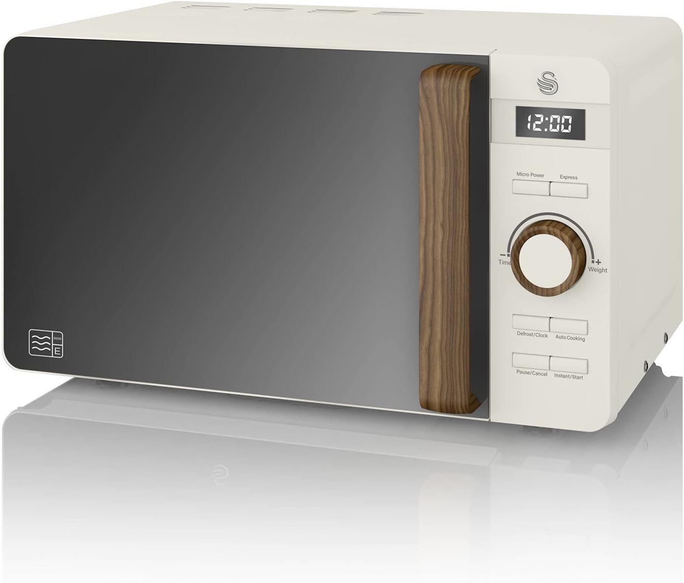 Swan Nordic SM22036WHTN Digitale Mikrowelle, Griff in Holzoptik, Gehäuse mit weicher Haptik und matter Oberfläche, 800 W, Baumwollweiß