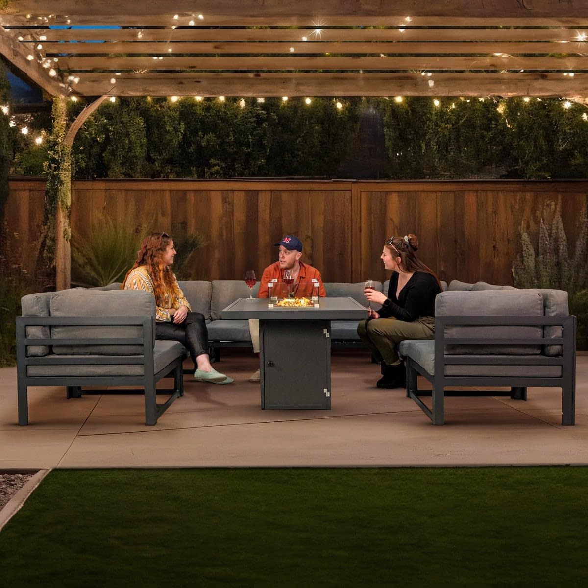 Modulares Gartenlounge-Set Groß Grau 8-Sitzer U-Form Sofa mit Kissen, Tisch & Gasfeuerstelle 9-teiliges Aluminium-Gartenmöbelset für draußen Eckset Terrasse Balkon [inkl. Wasserdichte Regenabdeckung]
