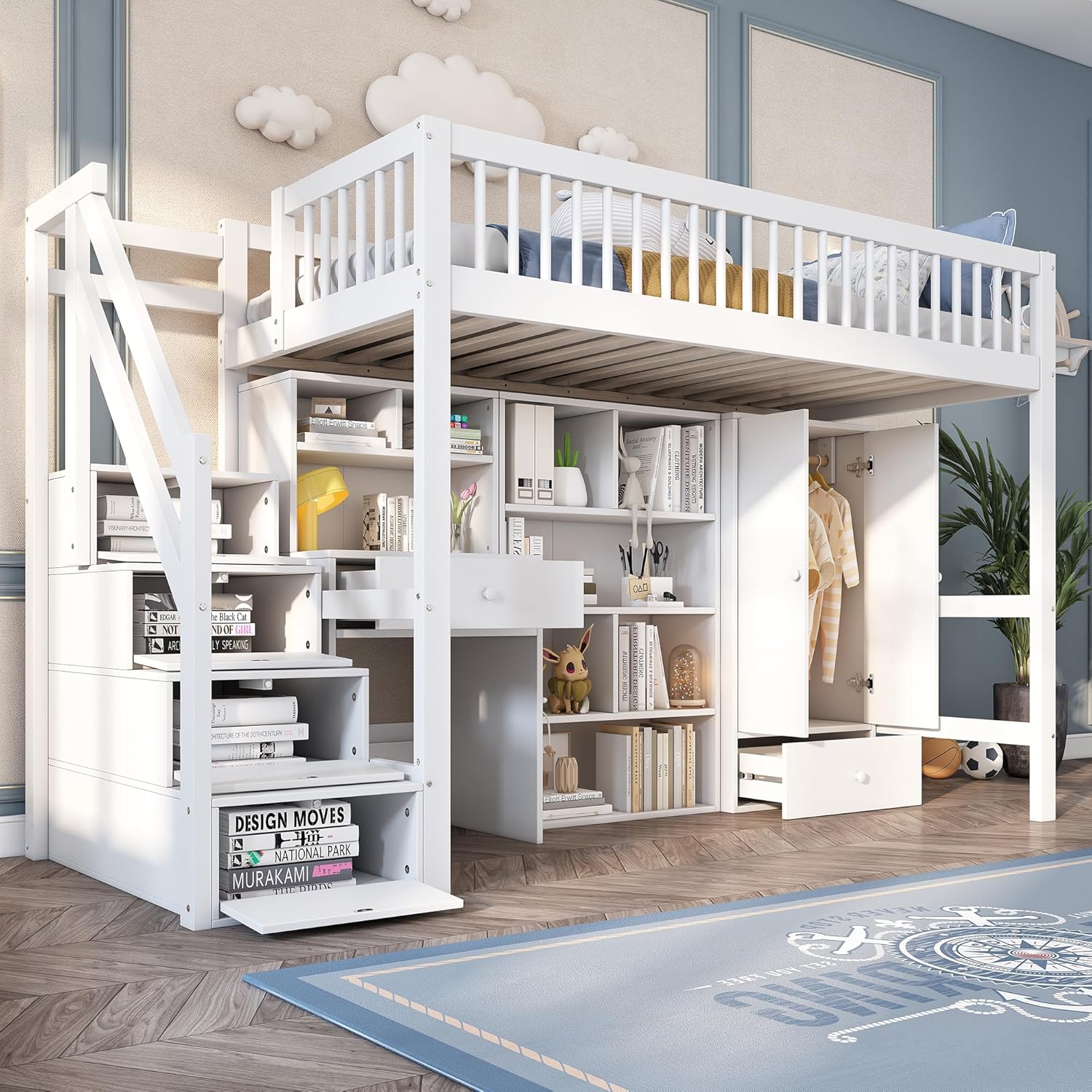 Kinderbett Etagenbett 90x200, Hochbett mit Kleiderschrank&Schließfächern&Schubladen&Schreibtisch&Treppe, Einzelbett Holzbett Jugendbett mit Lattenrost&Rausfallschutz, Massivholz, Ohne Matratze, Weiß