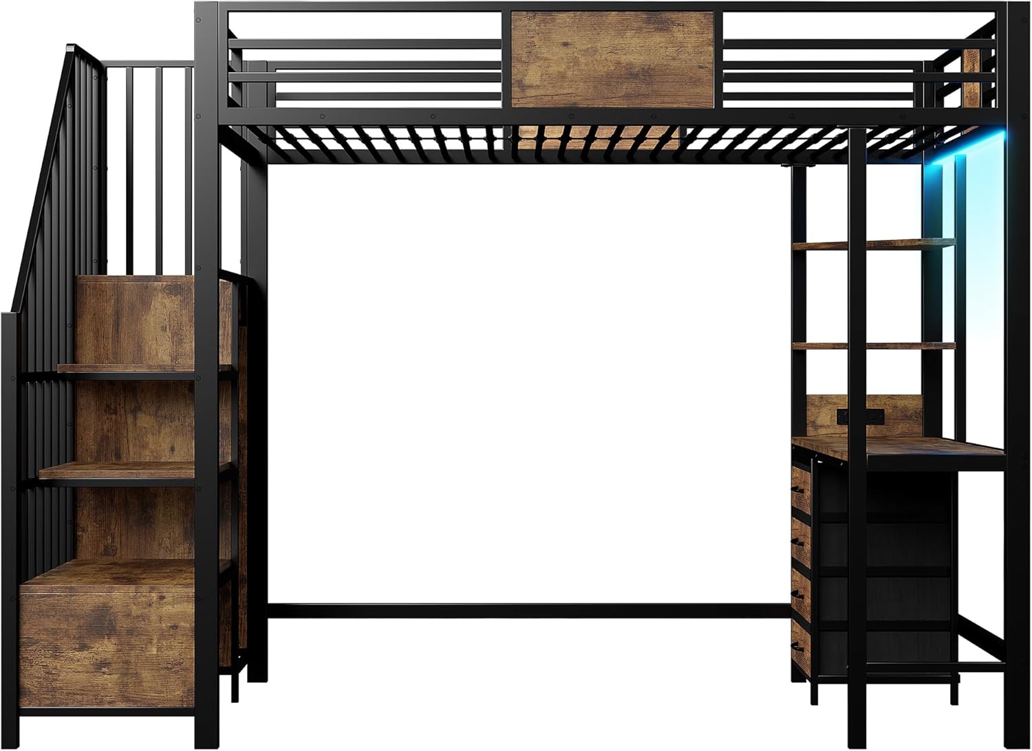 Merax Hochbett 90×200 cm aus Metall, mit Schreibtisch, Offener Kleiderschrank, Loftbett mit LED-Beleuchtung und Steckdose, platzsparendes Etagenbett (ohne Matratze)