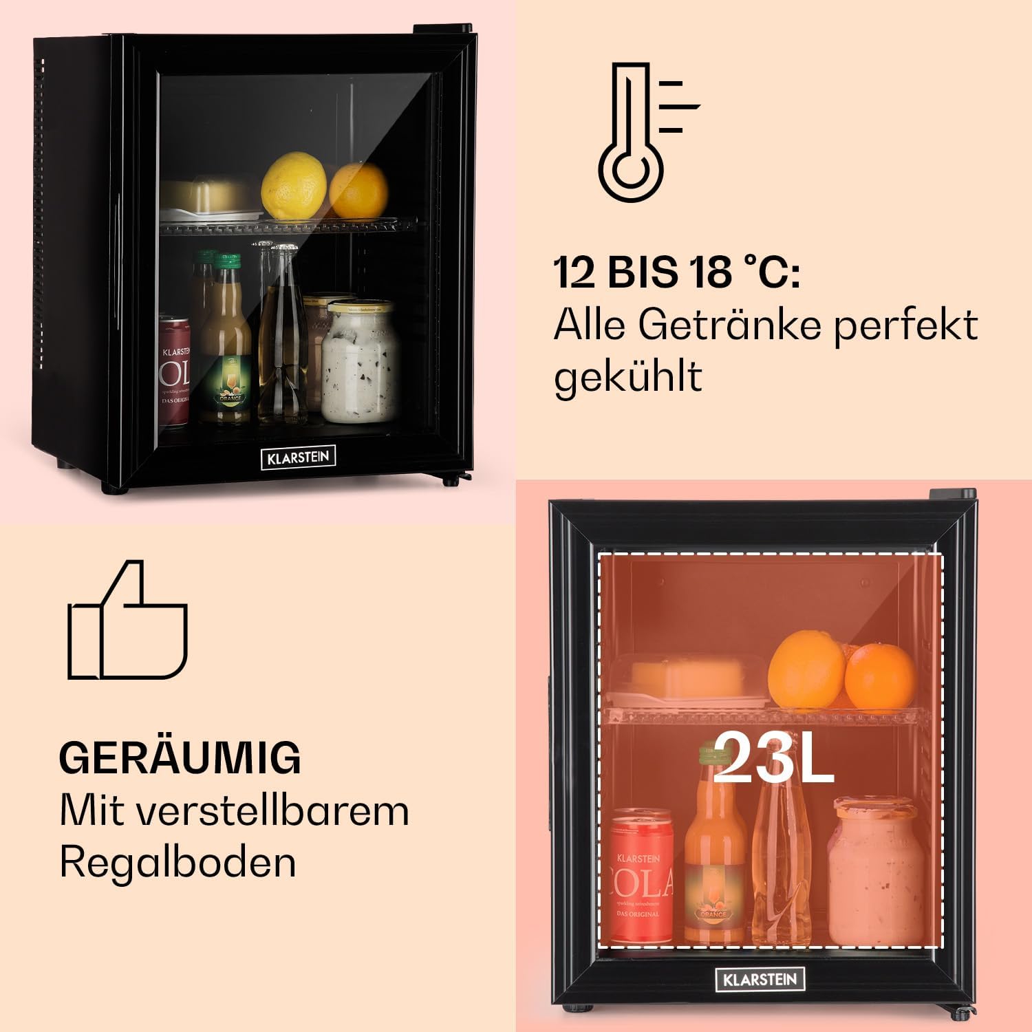 Klarstein Mini Kühlschrank für Zimmer, 24 Liter Mini-Kühlschrank für Getränke, Snacks & Kosmetik, Kleine Minibar, Kühlschrank Klein & Leise, Verstellbare Ablagen, Kleiner Skincare Kühlschrank