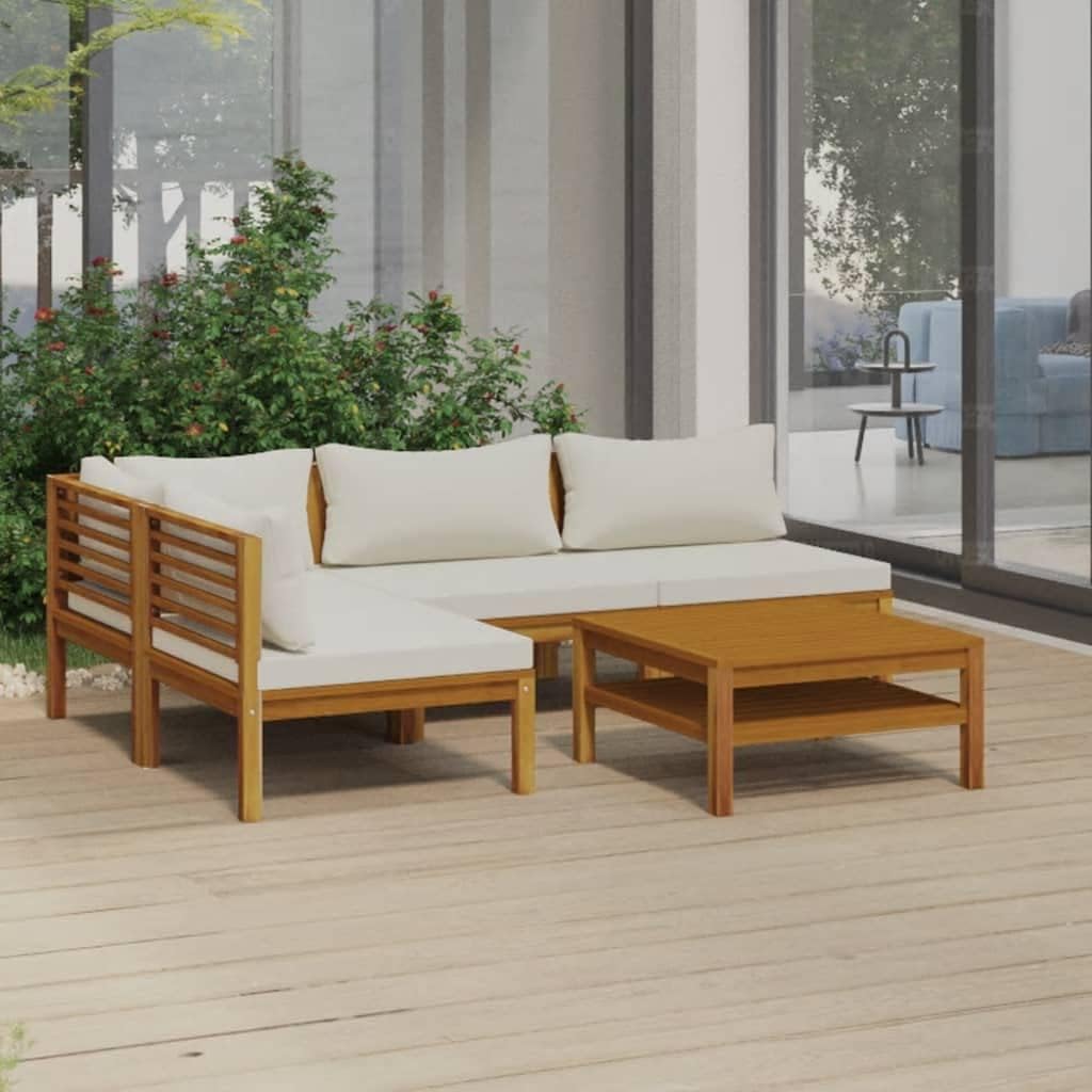 vidaXL Akazienholz Massiv Gartenmöbel 5-TLG. mit Creme Kissen Tisch Mittelsofa Ecksofa Sofa Lounge Gartenset Garten Garnitur Sitzgruppe Gartensofa