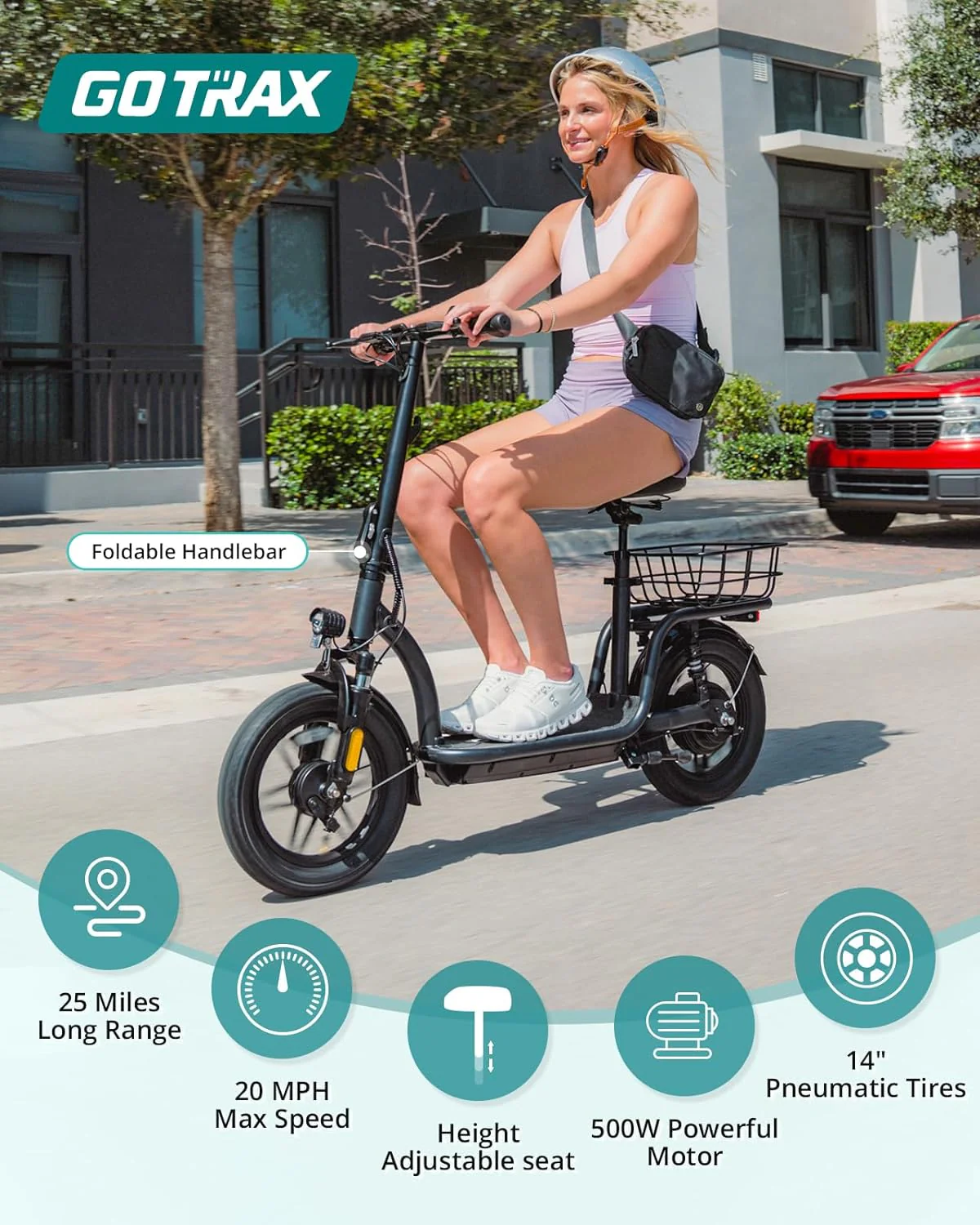 Gotrax adult electric scooter with seat, maximum range of 19-25 miles, all-terrain tires, wide pedals, padded seat, and carrycot