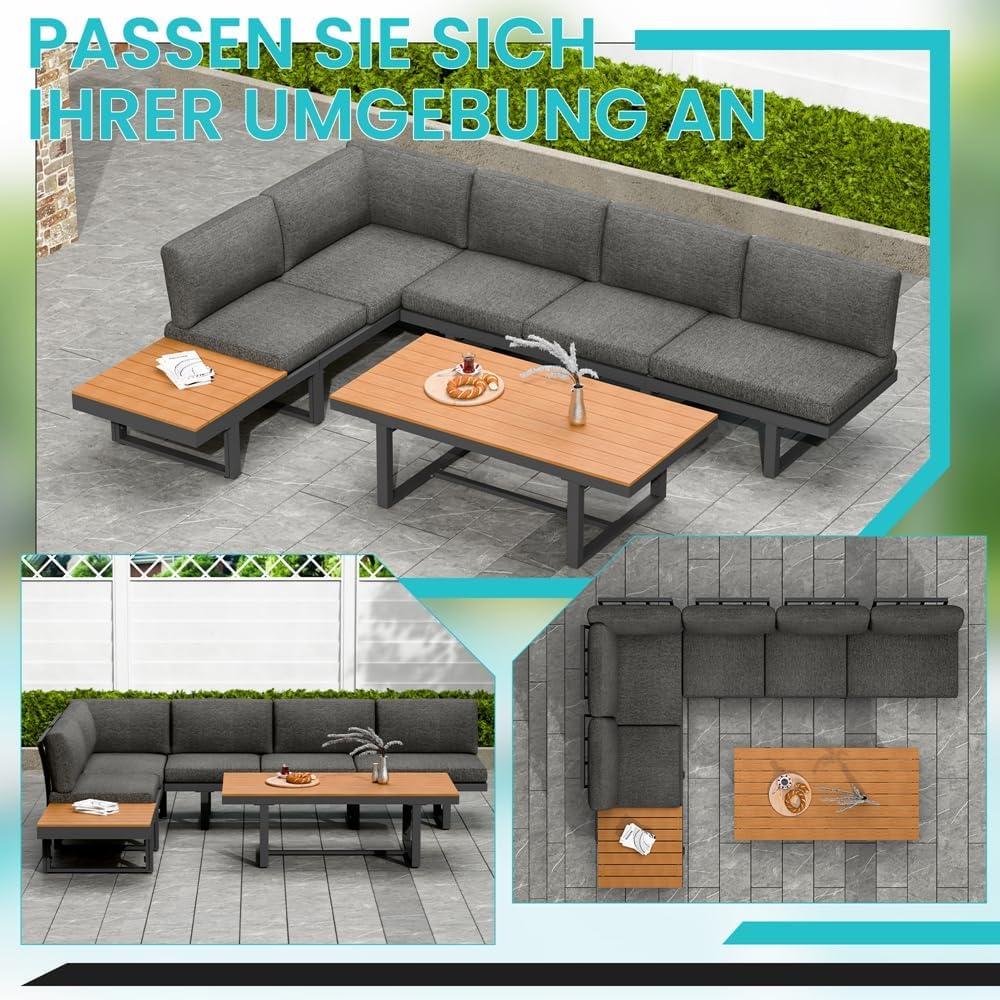 Mucola Gartenmöbel Set Aluminium Essgruppe mit 5-Fach verstellbare Rückenlehnen Sitzgruppe höhenverstellbarer Tisch | wetterfest und rostfrei | Essgruppe extra Dicke Wasserabweisende Kissen