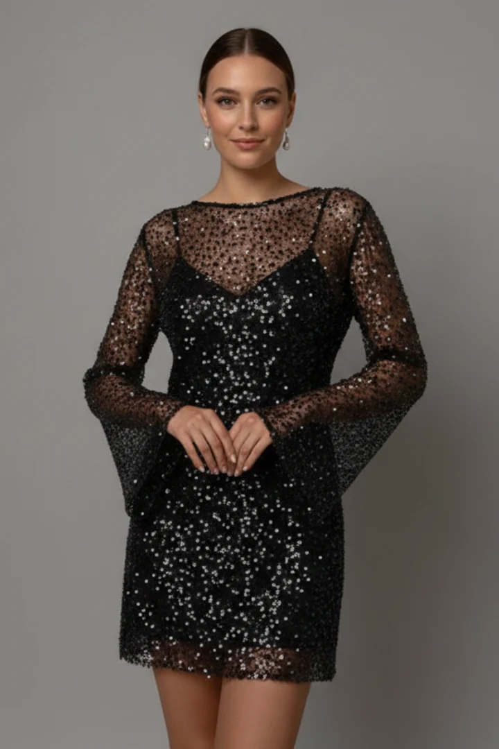 Damen Minikleid mit Mesh-Overlay und langen ?rmeln - Zweiteiliges Design mit ?rmellosem Unterkleid und Rundhalsausschnitt