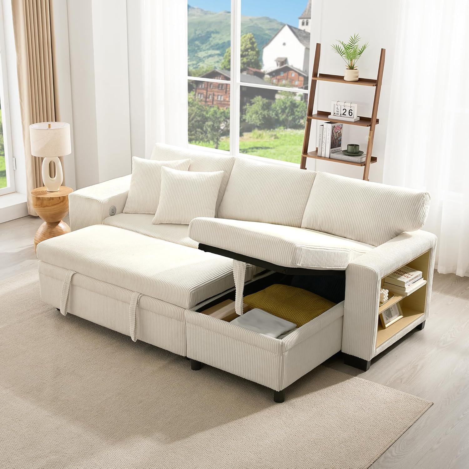 Klappsofa mit Schlaffunktion, L-förmiges umbaubares Ecksofa mit USB-Ladeanschluss und Kissen, 3-Sitzer-Umbausofa mit Seitenablagen und Stauraum