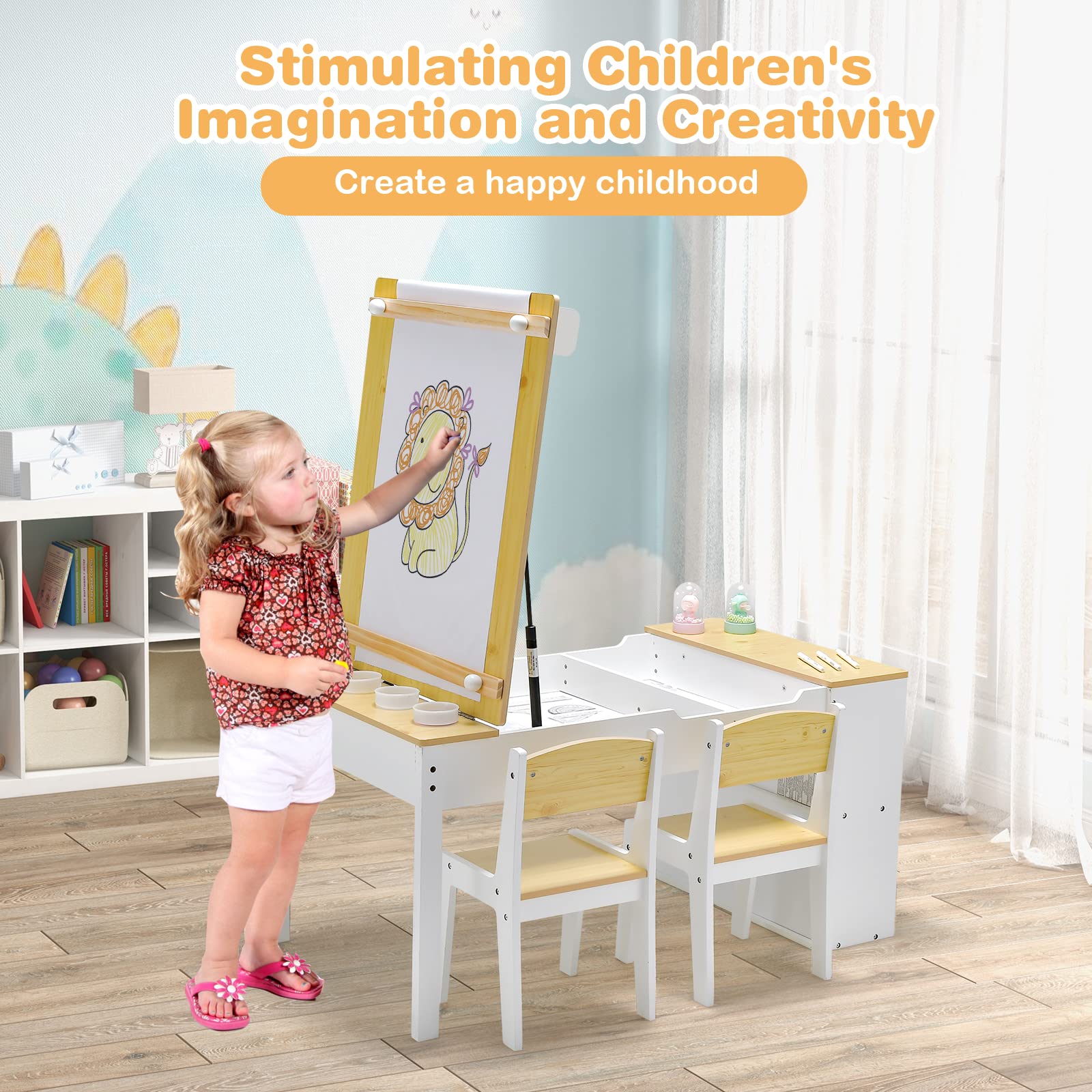 Kids Table and Chairs Set, 2 in 1 Wooden Art Table & Easel Set for Children with 2 Chairs